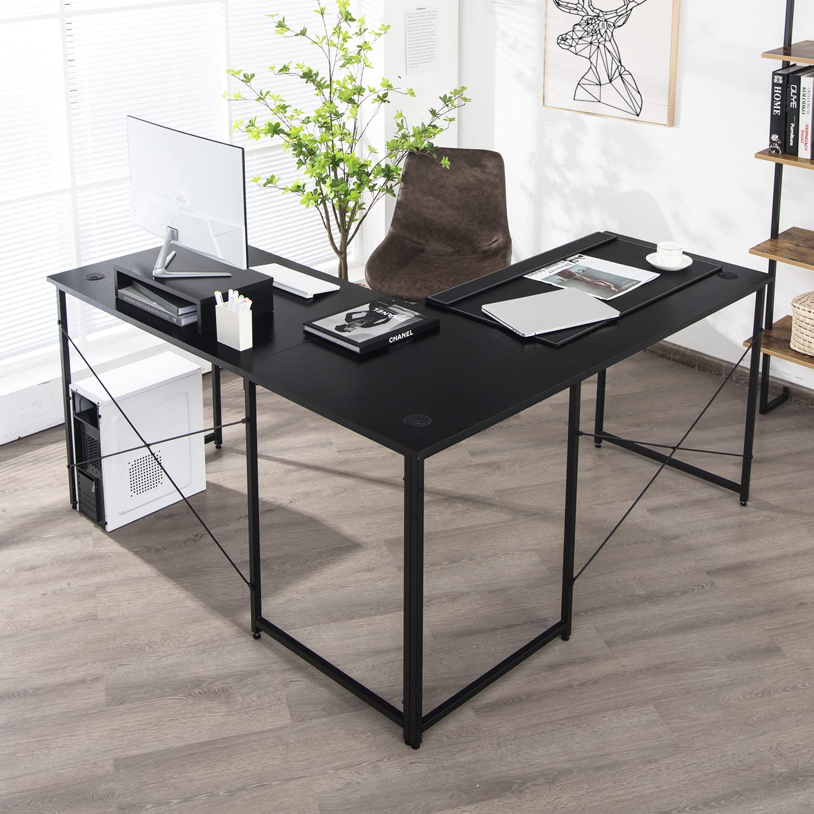 Tangkula L-Shaped Computer Desk with Monitor Stand - Reversible Corner Study Writing Desk for Home Office, 3 Cable Holes, Spacious 2-Person Workstation, Ergonomic Laptop Desk (Black) - Perfect for Small Spaces, Gaming Setup & Remote Work