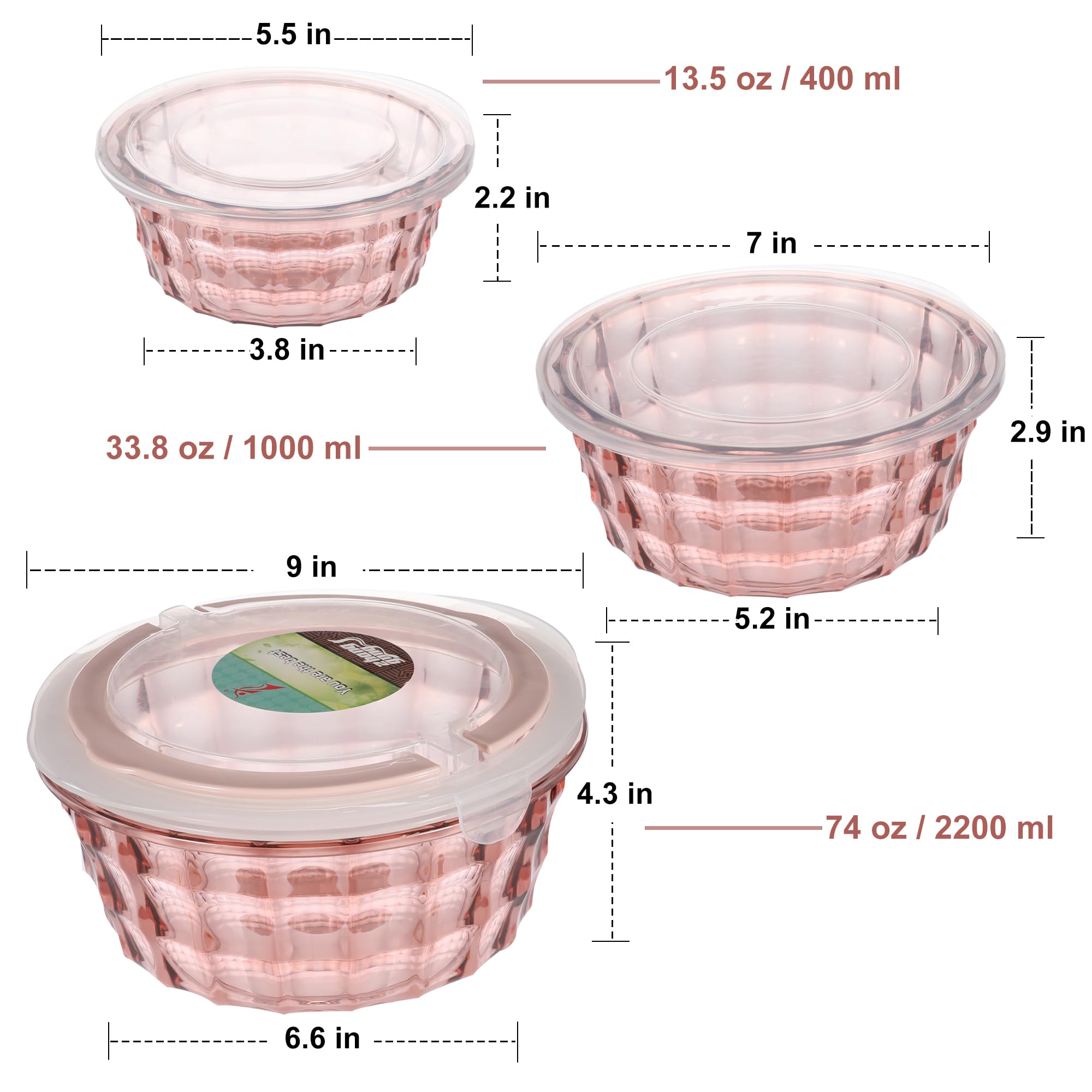 Taiuloo 3-Piece BPA-Free Plastic Salad Bowl Set with Lids & Handles - Microwave Safe Food Storage Containers for Meal Prep, Lunch, Picnics & Kitchen Organization (Pink)