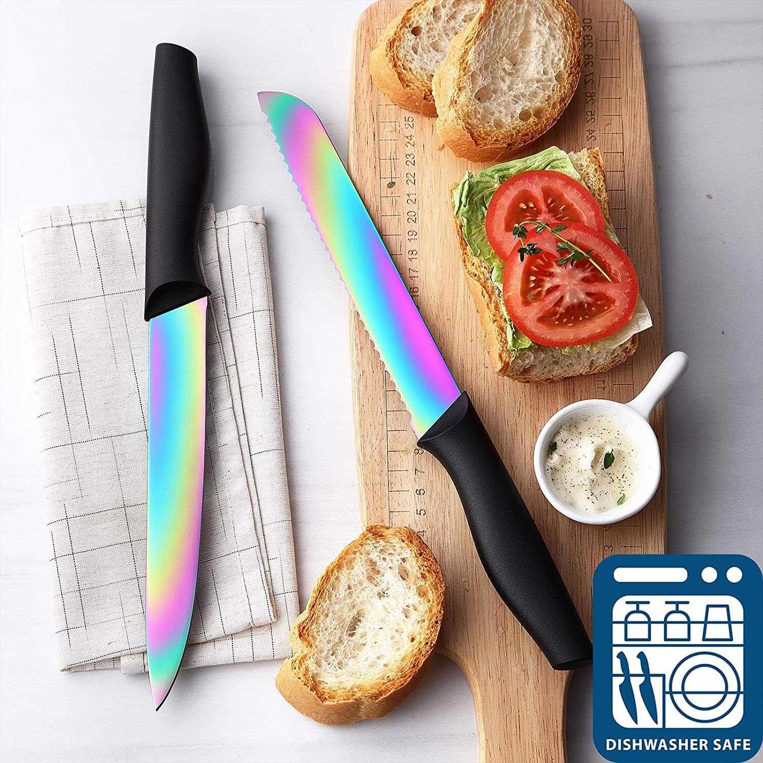 Marco Almond® 14-Piece Rainbow Color Stainless Steel Knife Block Set - Professional Chef Knives for Kitchen with Acrylic Stand | Perfect for Home Cooking, Restaurant Use & Gift Giving