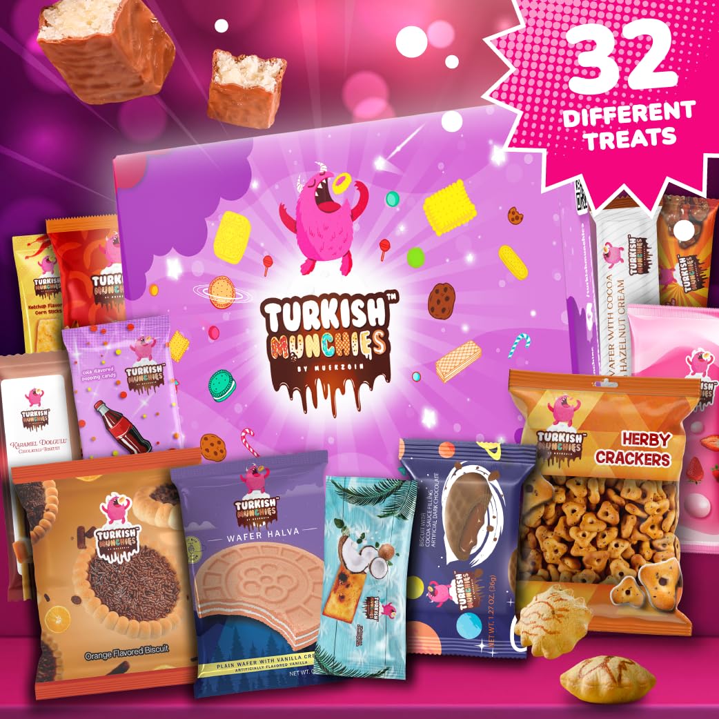 Premium International Snack Box - 32 Full-Size Exotic Snacks from Turkey & Worldwide | Unique Gourmet Candy Gift Set for Foodies | Perfect for Office Snacking, Travel Treats & Cultural Food Exploration