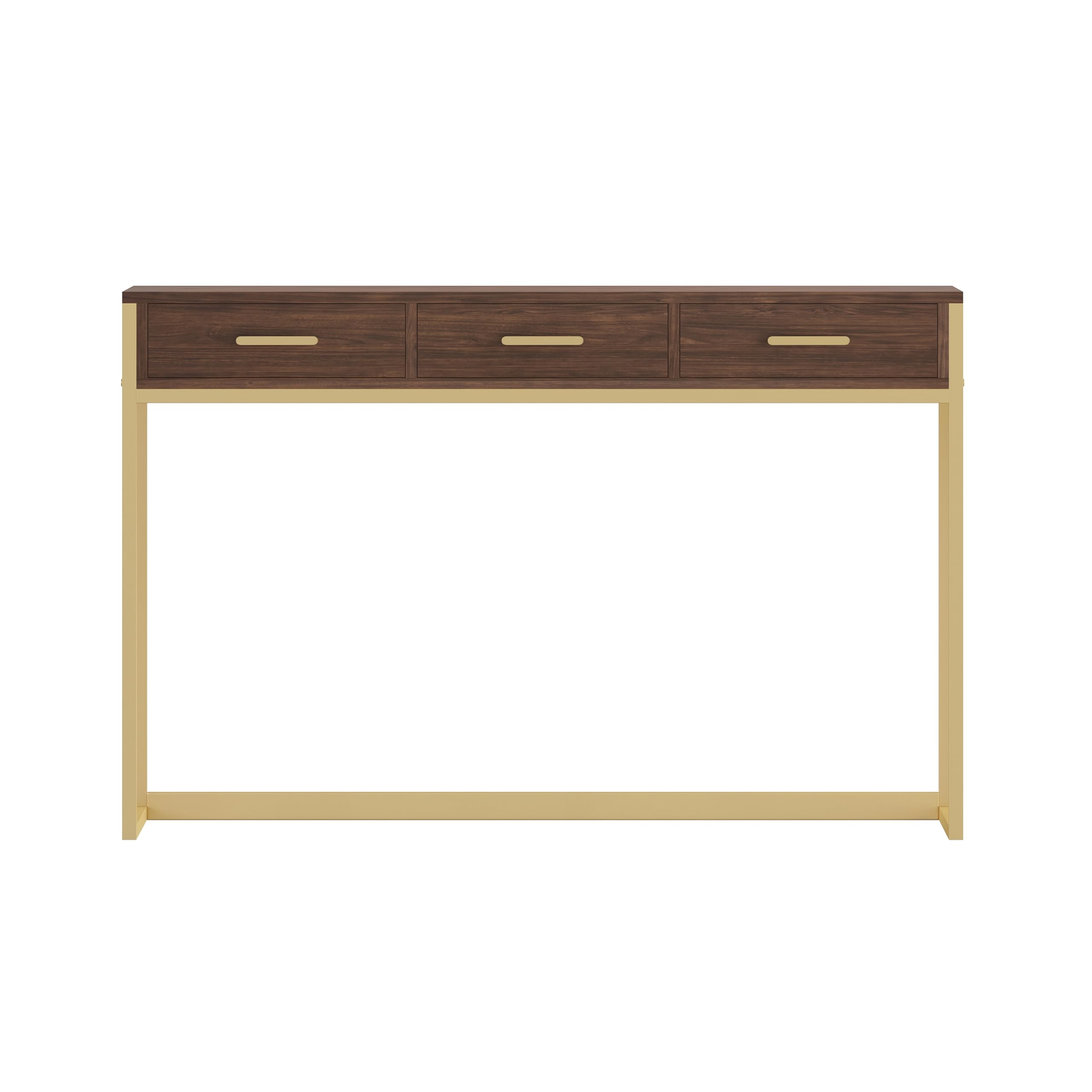 Martha Stewart Ollie Home Office Desk with 3 Drawers - Walnut Wood Grain & Polished Brass Hardware - Perfect for Small Spaces, Remote Work & Modern Home Offices