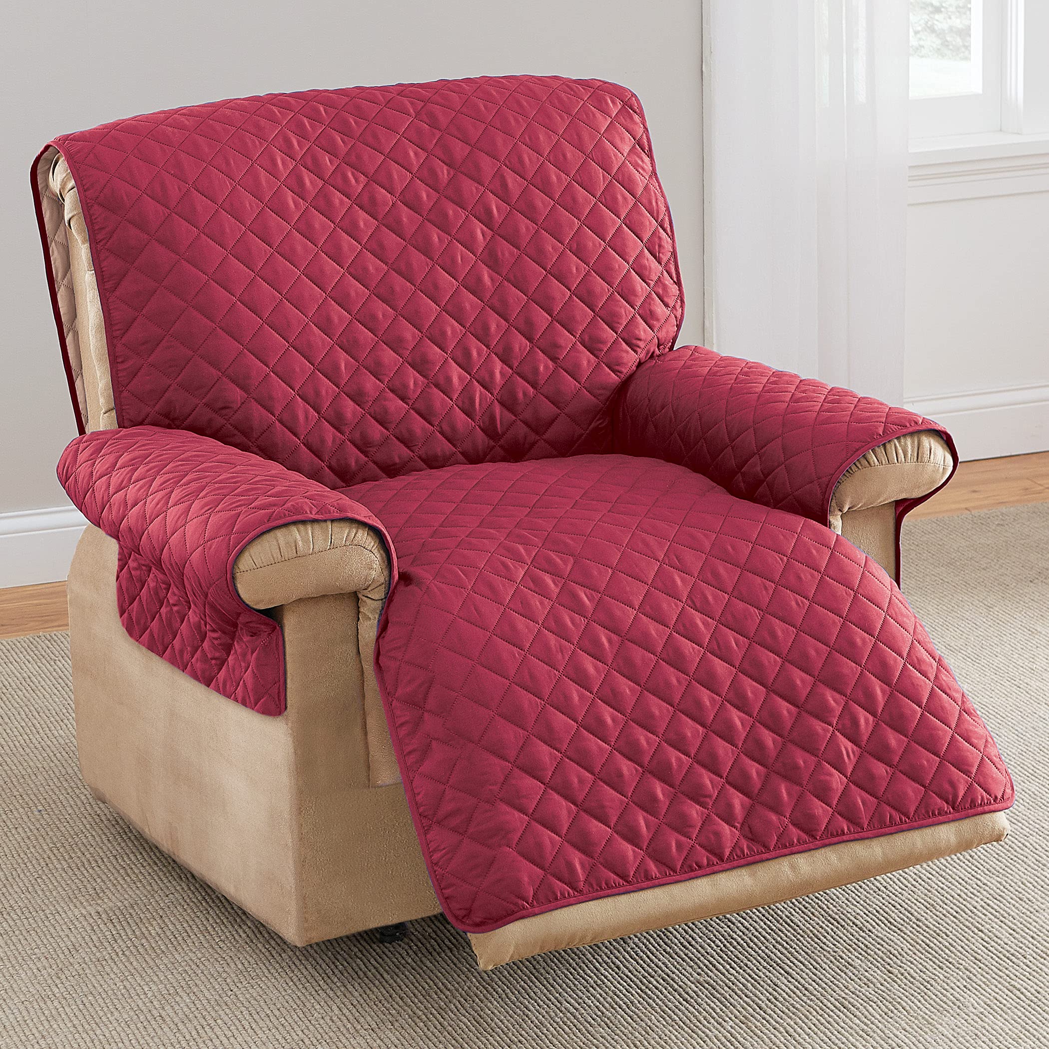Reversible Quilted Furniture Cover for Jumbo Recliner - Burgundy/Taupe | Sofa Protector, Stretchable Slipcover | Living Room, Home Decor, Pet Protection