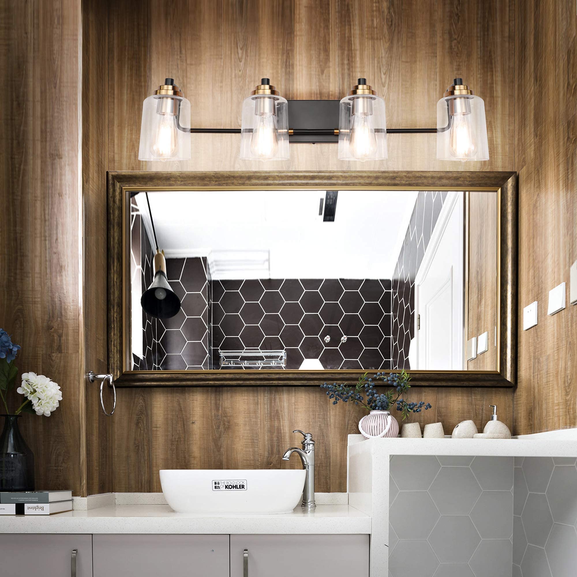 Vintage Bathroom Vanity Light Fixture Set - Black & Brass 7600-3 + 7600-4 Lights (Bulbs Not Included) | Perfect for Farmhouse, Industrial & Retro Style Bathroom Lighting