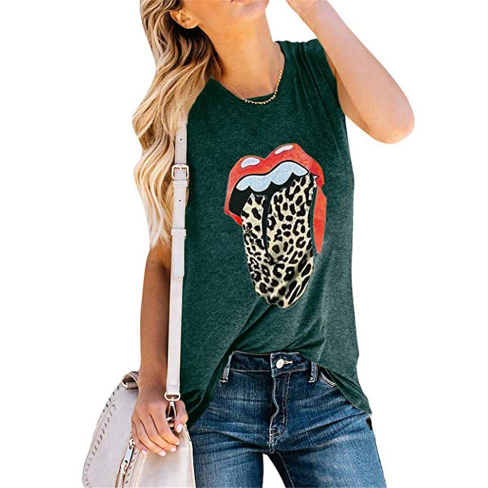 Women's Red Lip Leopard Tongue Graphic Print Sleeveless Tank Top - Sexy Round Neck T-Shirt for Casual Wear, Summer Outfits & Party Clothing