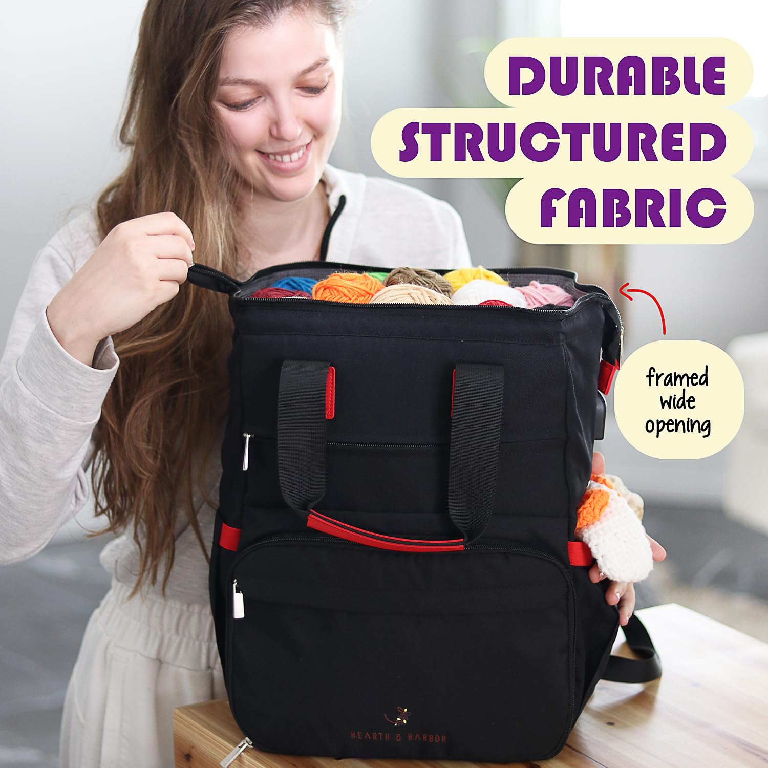 Hearth & Harbor Crochet Backpack - Canvas Knitting Bag & Yarn Organizer with USB Charging Port | Perfect for Crochet Supplies Storage, Travel Knitting Projects & On-the-Go Crafting