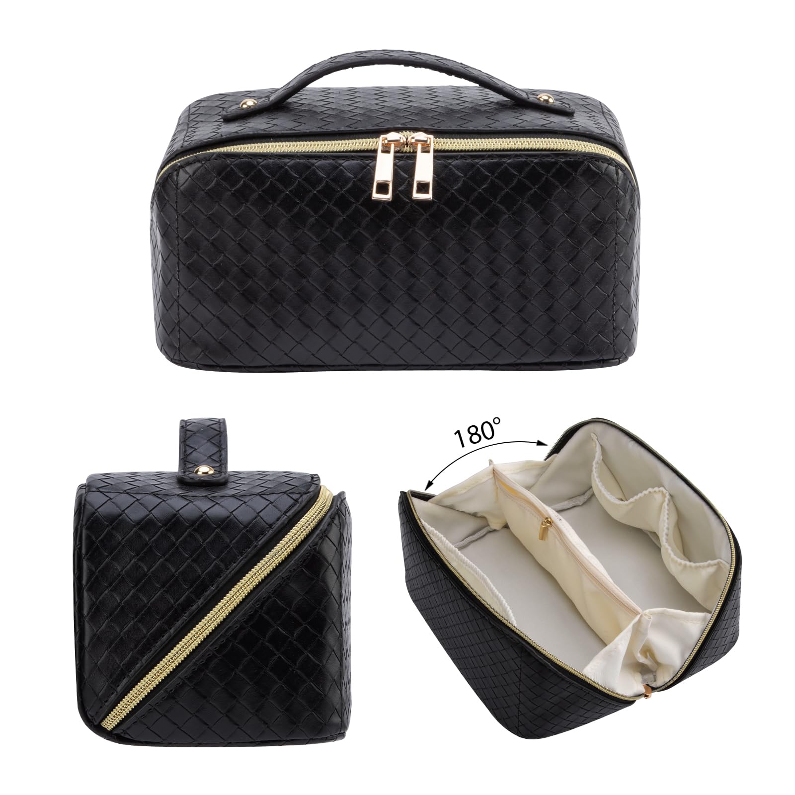 Large Capacity Waterproof Travel Makeup Bag for Women - Portable Cosmetic Organizer with Multiple Compartments, Foldable Flat Lay Design for Easy Access - Perfect for Toiletries, Beauty Essentials & On-the-Go Makeup (Black) - Ideal for Travel, Gym, Vacation & Daily Use