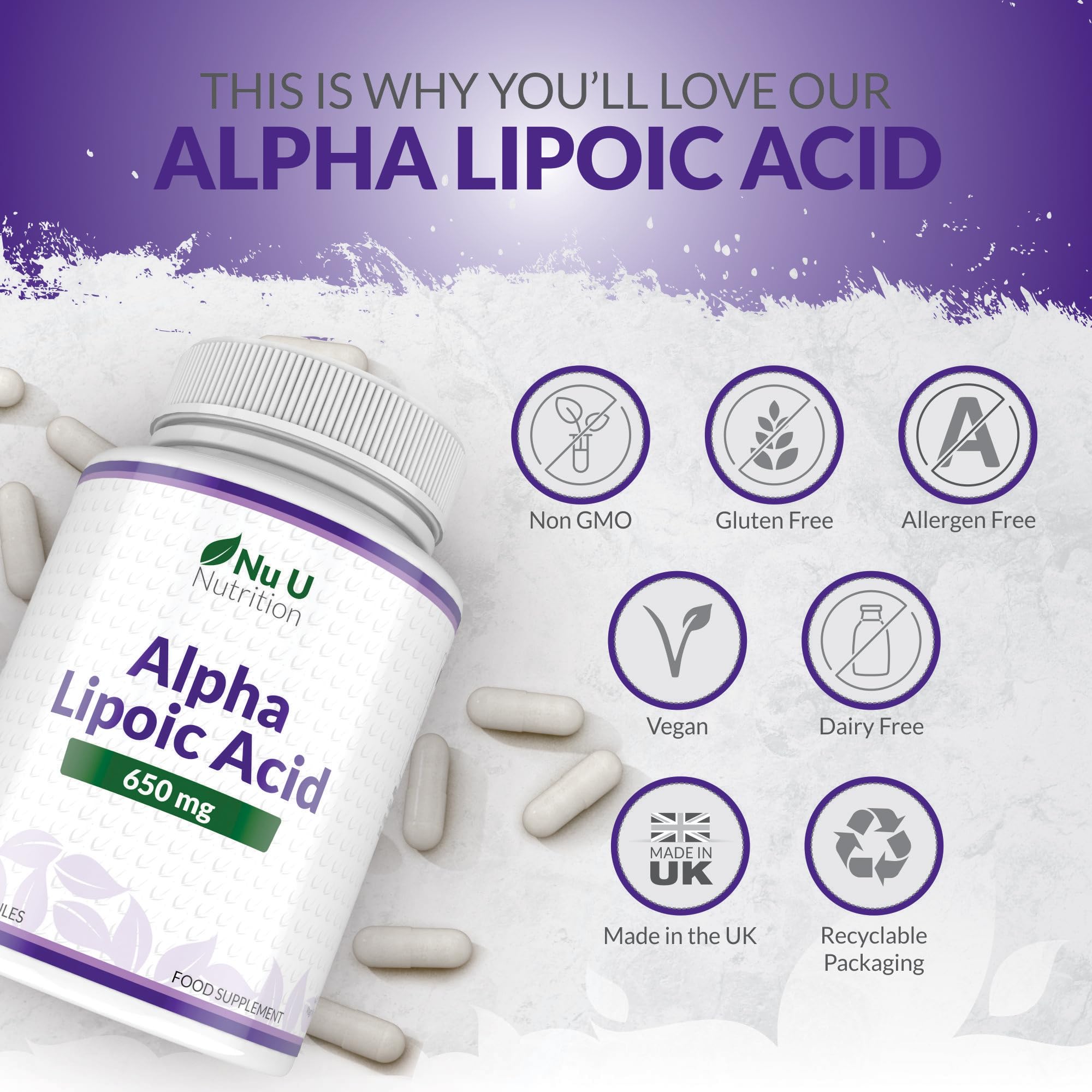 Nu U Nutrition Alpha Lipoic Acid 650mg - 150 Vegan ALA Capsules | High Strength Amino Acid Supplement | 5 Month Supply | Made in UK | Supports Energy Metabolism & Nerve Health for Active Lifestyles