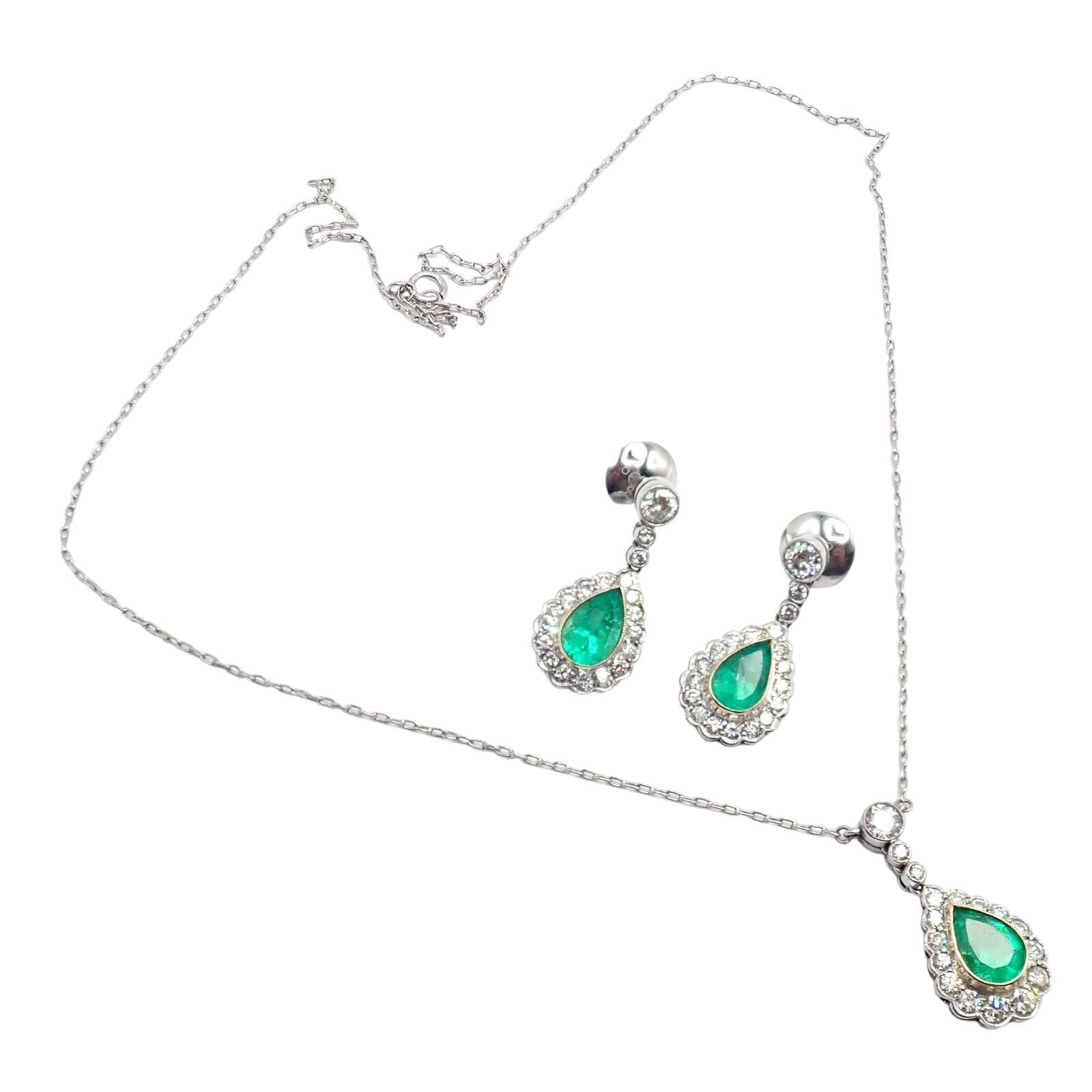 Vintage Platinum Diamond Emerald Earrings and Necklace Set - Elegant Estate Jewelry for Weddings, Anniversaries & Special Occasions