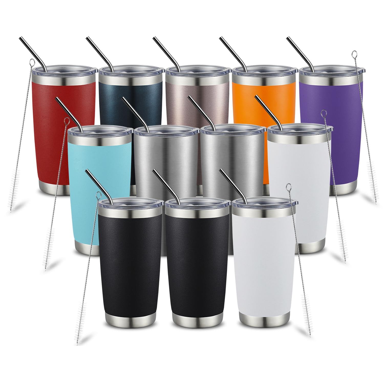 COMOOO 20oz Stainless Steel Tumbler with Straw - Double Wall Vacuum Insulated Coffee Cup for Hot & Cold Drinks - Splash Proof Sliding Lid Travel Mug (12 Pack, Mix Colors) - Perfect for Office, Gym, Camping & Road Trips