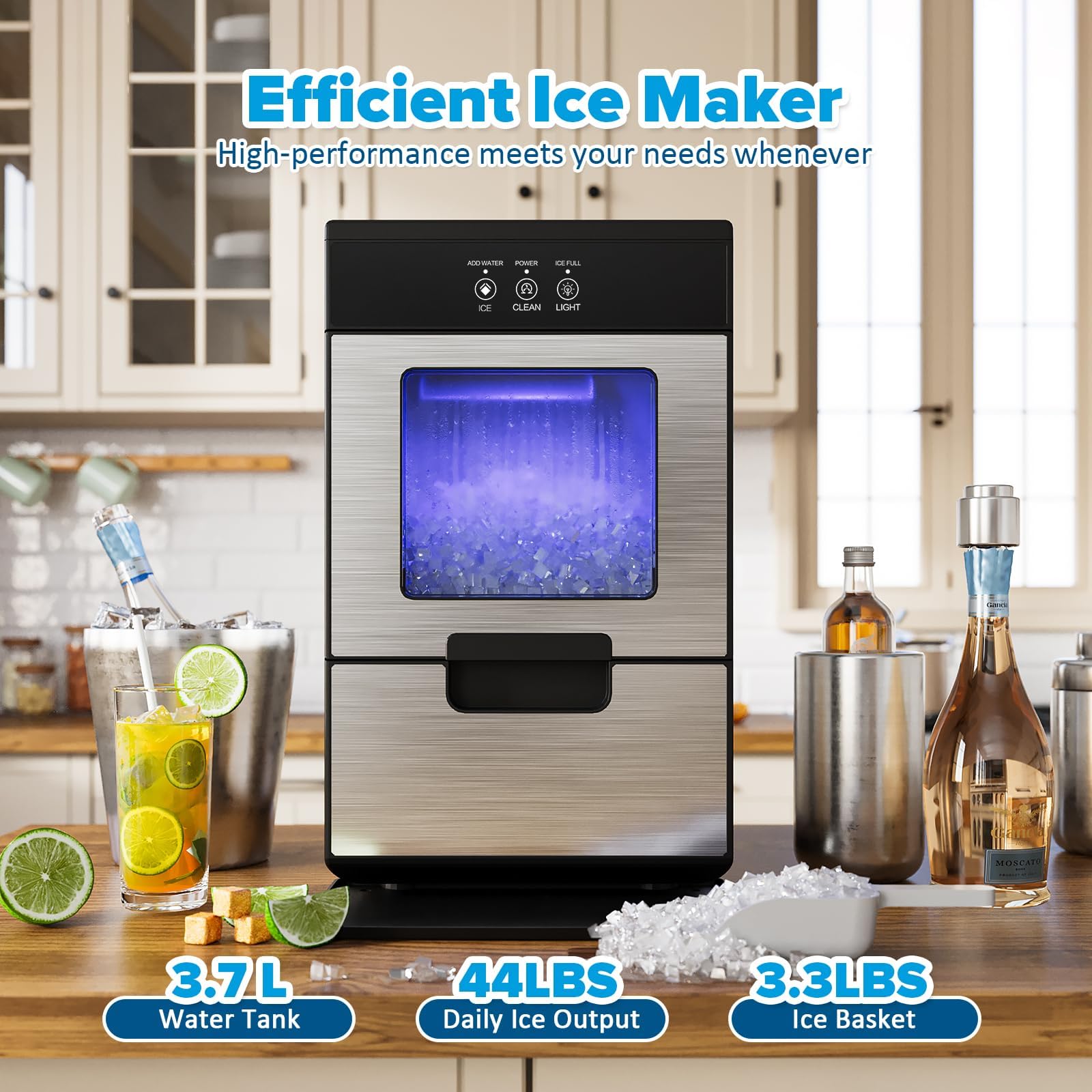 44Lbs Countertop Nugget Ice Maker - Stainless Steel Pebble Ice Machine with Ice Scoop & Removable Basket | Perfect for Home, Office, Parties & Cocktails