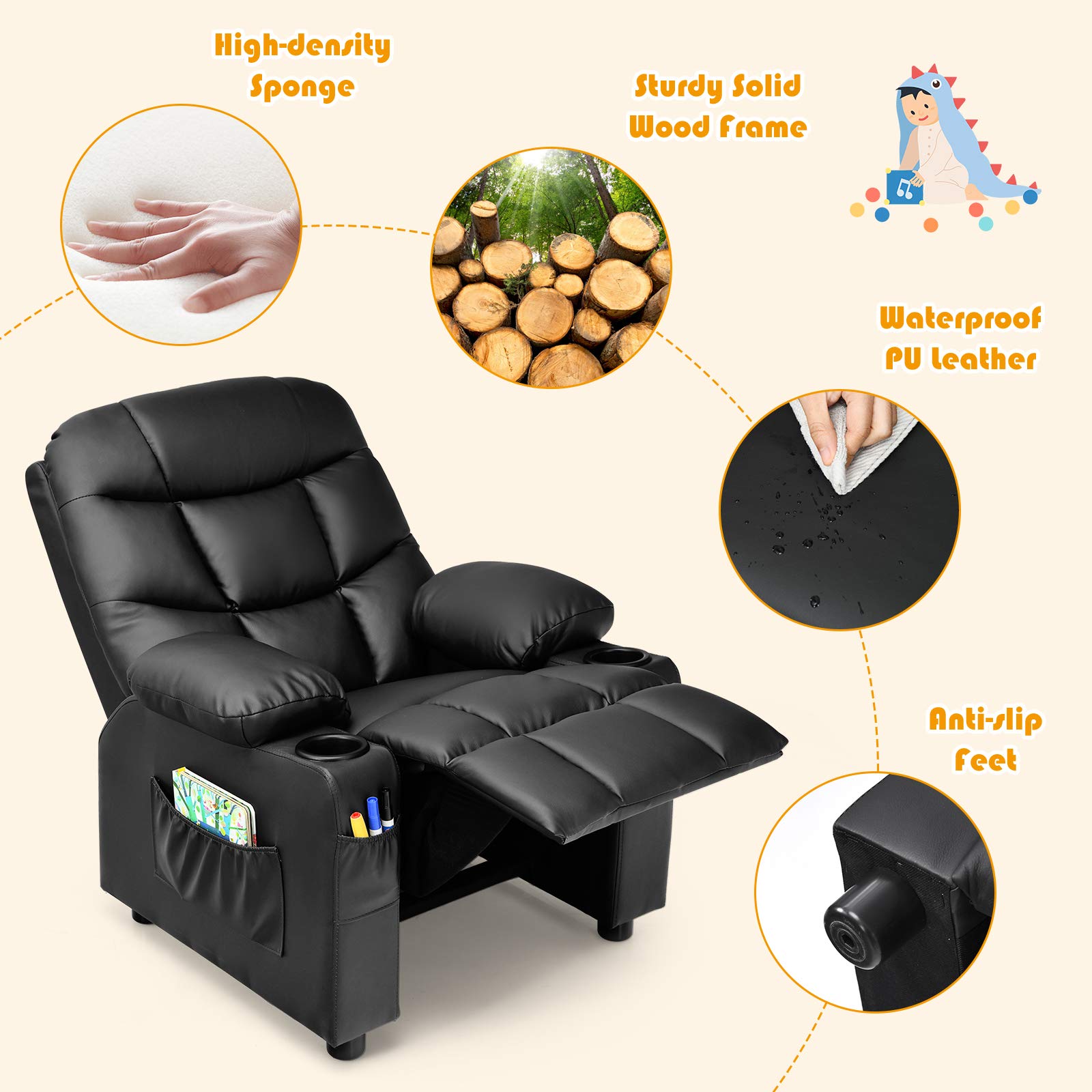 Costzon Kids Recliner Chair with Cup Holder & Footrest - Adjustable Leather Lounge Chair for Boys & Girls with Side Pockets - Ergonomic Toddler Furniture Sofa for Bedroom, Playroom & TV Time (Black)