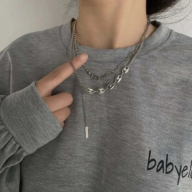 Asymmetric Silver Tassel Pig Nose Layered Chain Necklace for Women - Trendy Boho Chic Jewelry Gift for Party, Date Night & Special Occasions | X1123