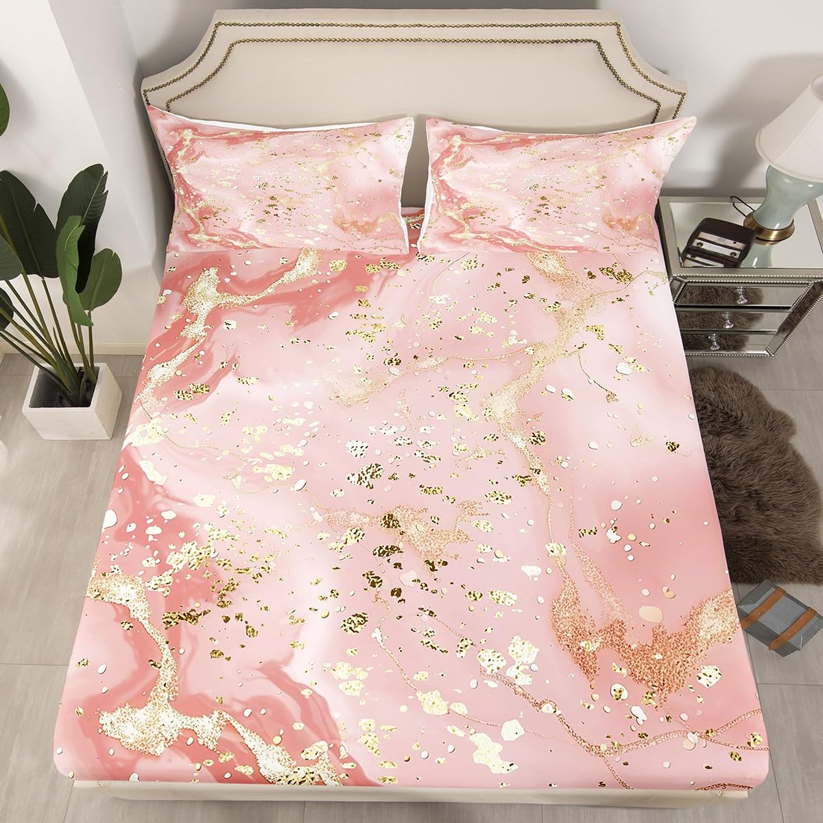 Abstract Marble Texture Pink & Gold Sequins Bed Sheet Set - Twin Size Microfiber Fitted Sheet & Pillowcase (2pc) for Modern Bedroom Decor | Soft Luxury Bedding for Teens, Dorms & Guest Rooms