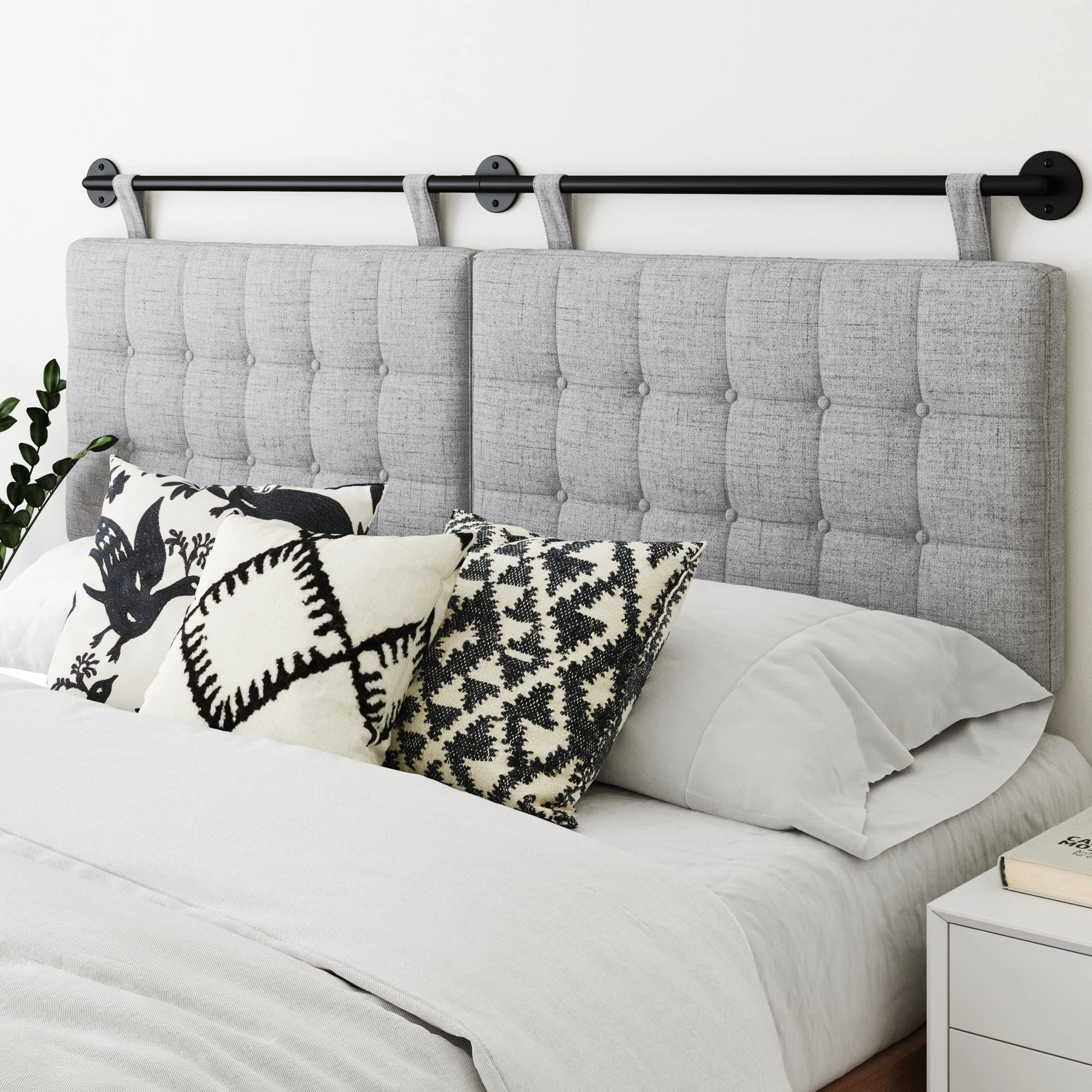 Remi Tufted Wall Mount Hanging Headboard King Size in Grey/Black - Modern Upholstered Bedroom Headboard for Master Bed & Guest Room Decor