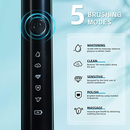 30,000 RPM Rechargeable Electric Toothbrush with 6 Brush Heads, 2-Min Smart Timer, 5 Modes & Teeth Whitening - Black - Perfect for Travel, Home & Daily Oral Care