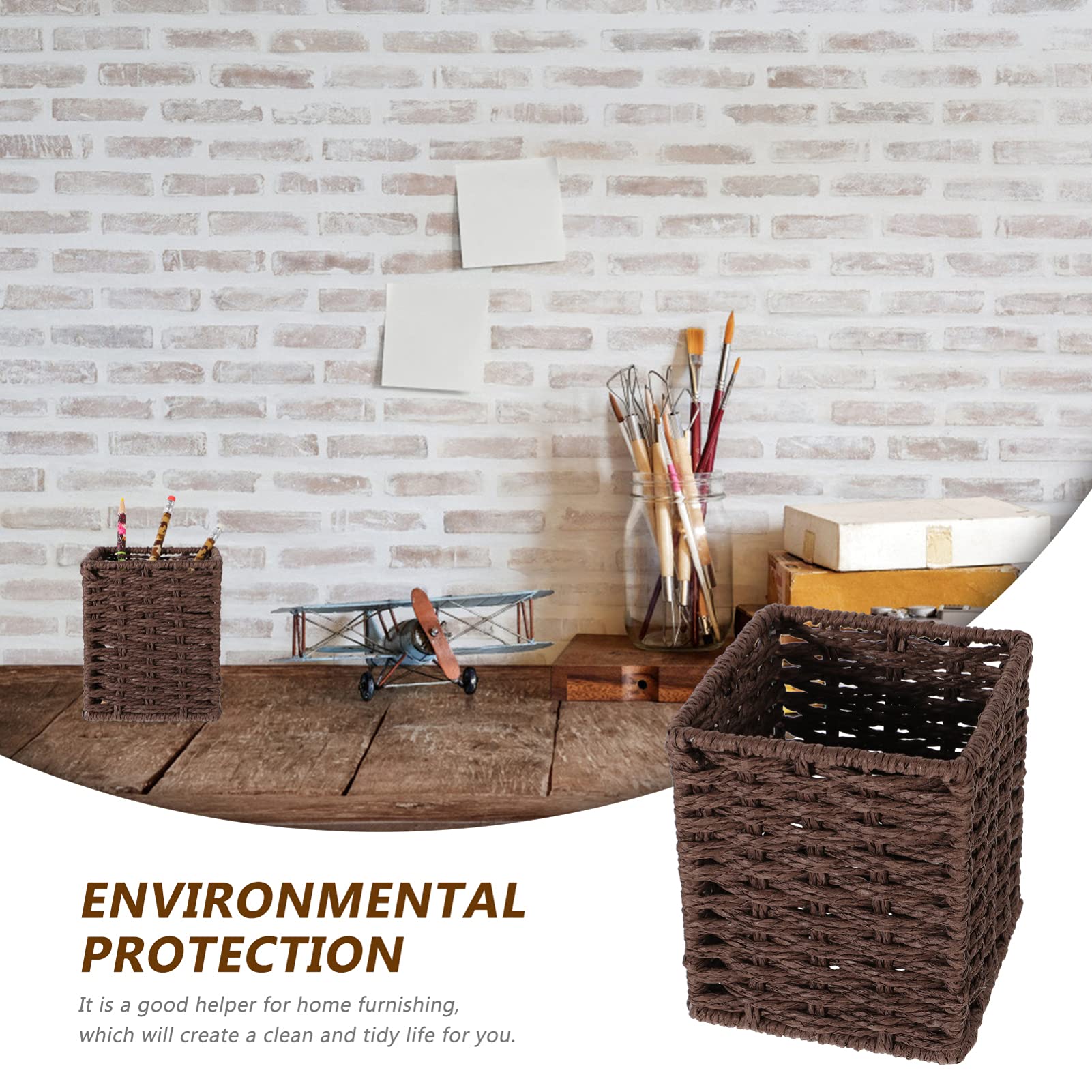 Cabilock TV Mount Coffee Wicker Pencil Holder - Rattan Makeup Brush Organizer & Desk Cup Holder for Office, Kitchen, Bathroom - Perfect for Organizing Pens, Utensils, and Cosmetics on TV Stand or Workspace