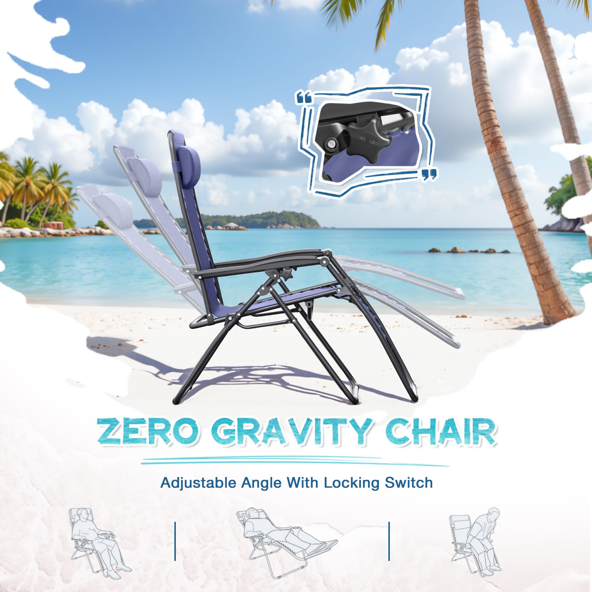 Greesum Zero Gravity Lounge Chairs Set of 2 - Adjustable Steel Mesh Recliners for Outdoor Relaxation, Beach, Deck, Lawn, Camping & Patio - Foldable with Cup Holder, Side Trays & Pillows - Blue - Perfect for Backyard Lounging, Poolside Relaxation and Outdoor Adventures