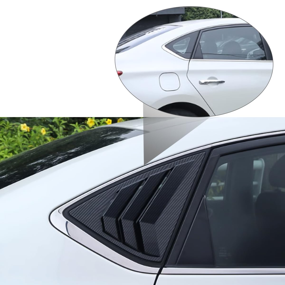 Nissan Sentra 2013-2019 Rear Side Window Louvers - Carbon Fiber Air Vent Scoop Shades (2PCS) | Sporty Exterior Accessories | Enhances Style & Sun Protection for Daily Driving & Car Shows