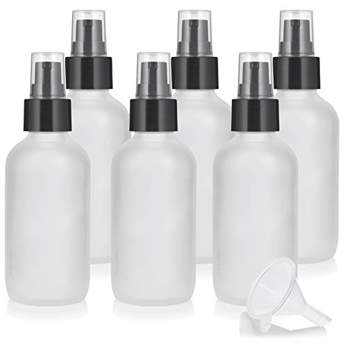 JUVITUS 4 oz Frosted Clear Glass Boston Round Bottle with Black Treatment Pump (6 Pack) + Funnel - Perfect for Essential Oils, Lotions, and DIY Beauty Products Storage