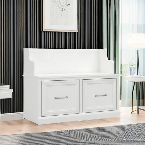 Bush Furniture Woodland 40W White Ash Entryway Bench with Storage Doors | Shoe Organizer for Mudroom, Foyer & Hallway | Perfect for Small Spaces & Home Entry Organization