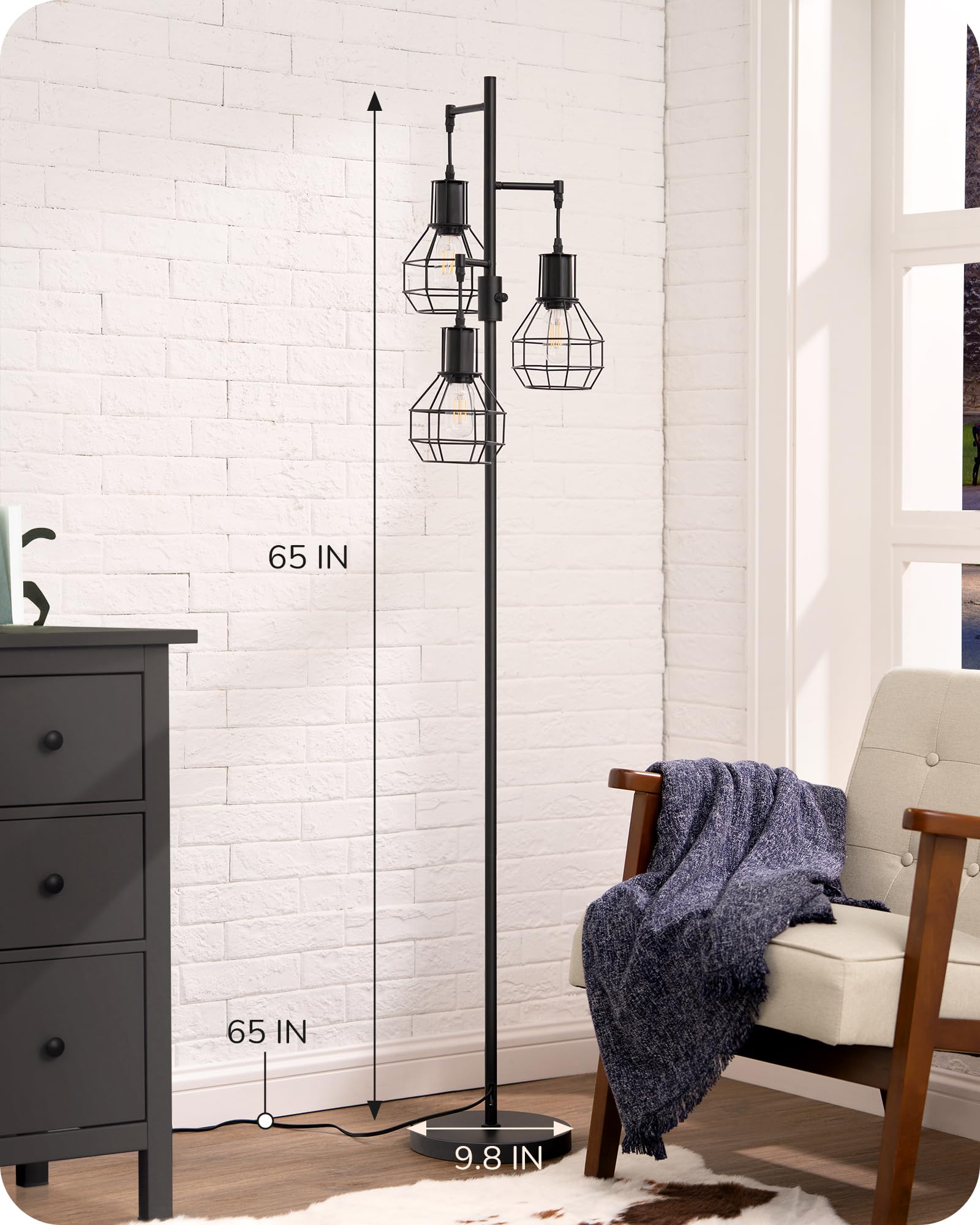 Dimmable Farmhouse Floor Lamp with 3 LED Edison Bulbs - Industrial Standing Lamp for Living Room, Bedroom & Office - Rustic Tall Tree Reading Lamp in Black - Perfect for Cozy Corners & Home Decor