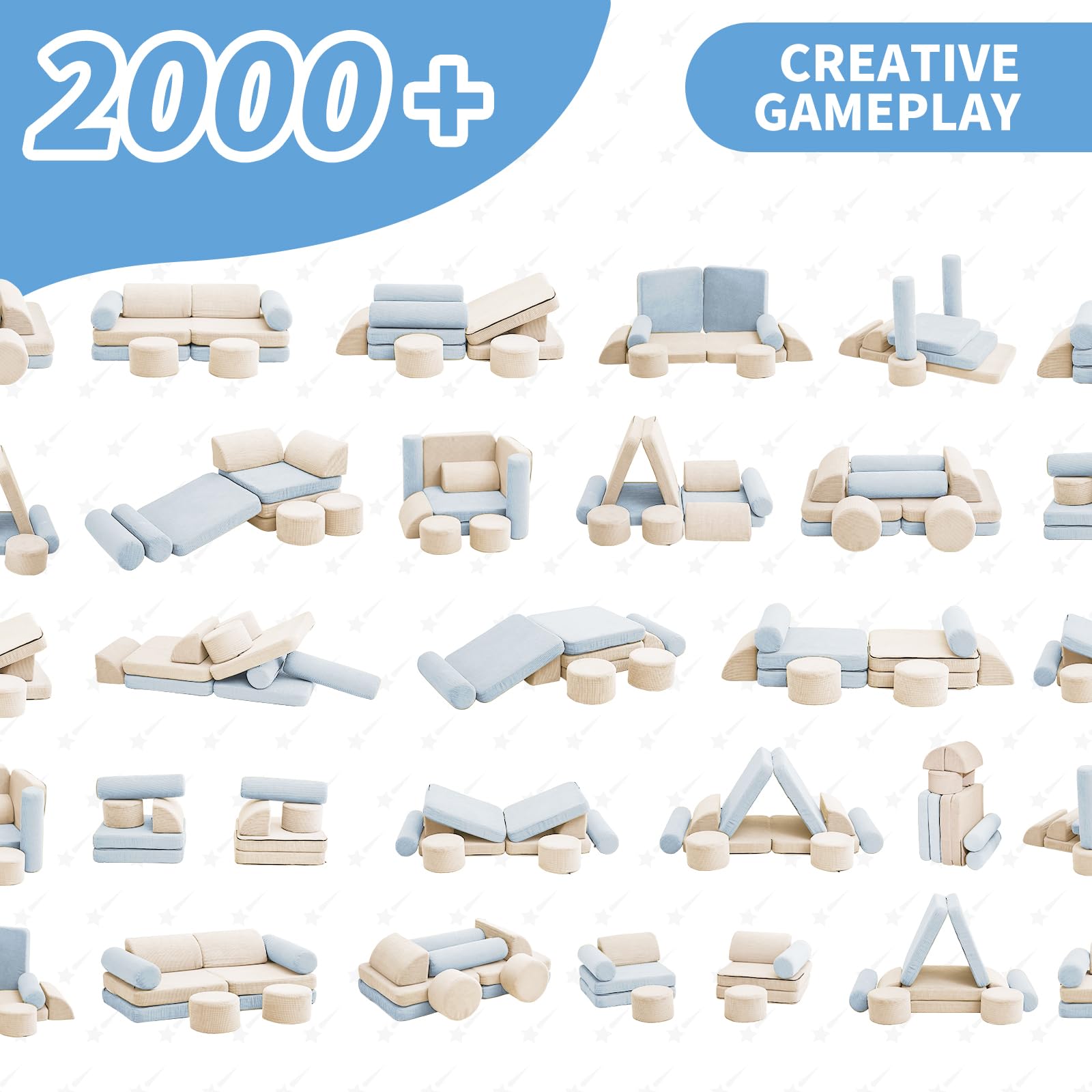 10PCS Modular Kids Play Couch Set - Soft Toddler Sofa for Boys & Girls - Playroom Furniture in Beige & Light Blue (Medium Size) - Perfect for Playtime, Reading Nook & Kids' Lounge Area