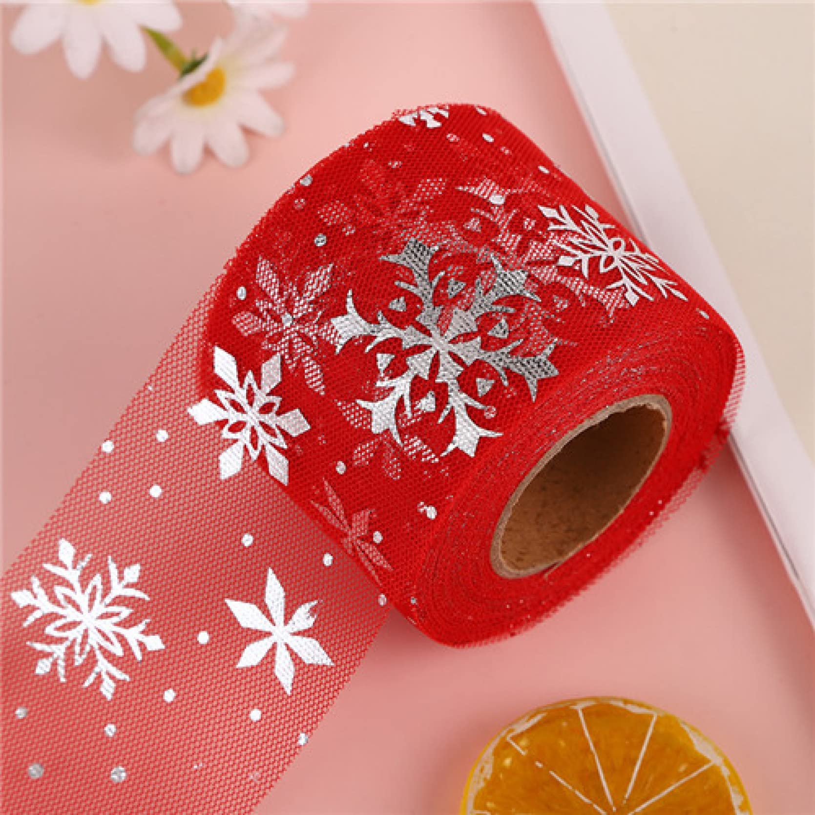 25 Yards Snowflake Printed Tulle Mesh Ribbon - DIY Sewing Fabric for Garments, Hair Clips, Tutu Skirts & Handmade Crafts | Perfect for Christmas Decorations, Wedding Favors, and Gift Wrapping