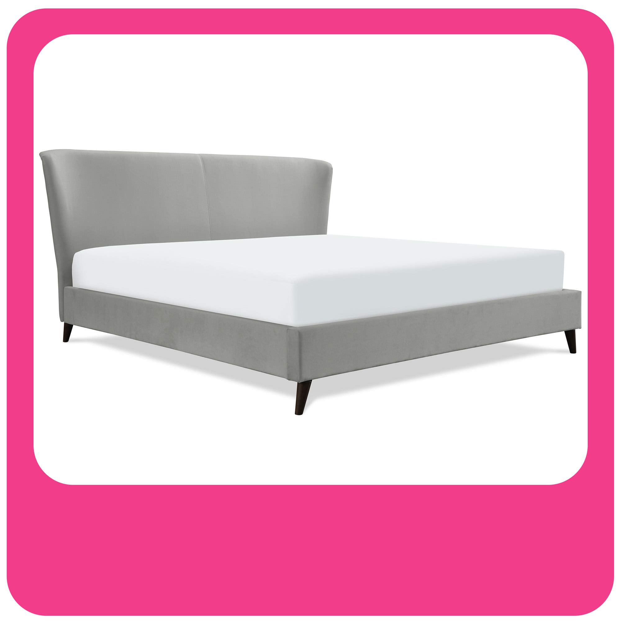 Luxury Adele Wingback Upholstered Platform Bed with Plush Velvet Fabric - Curved Tall Headboard & Padded Frame - Classic Wood Cone Legs - King Size Grey Bed - Perfect for Master Bedroom & Guest Room Decor