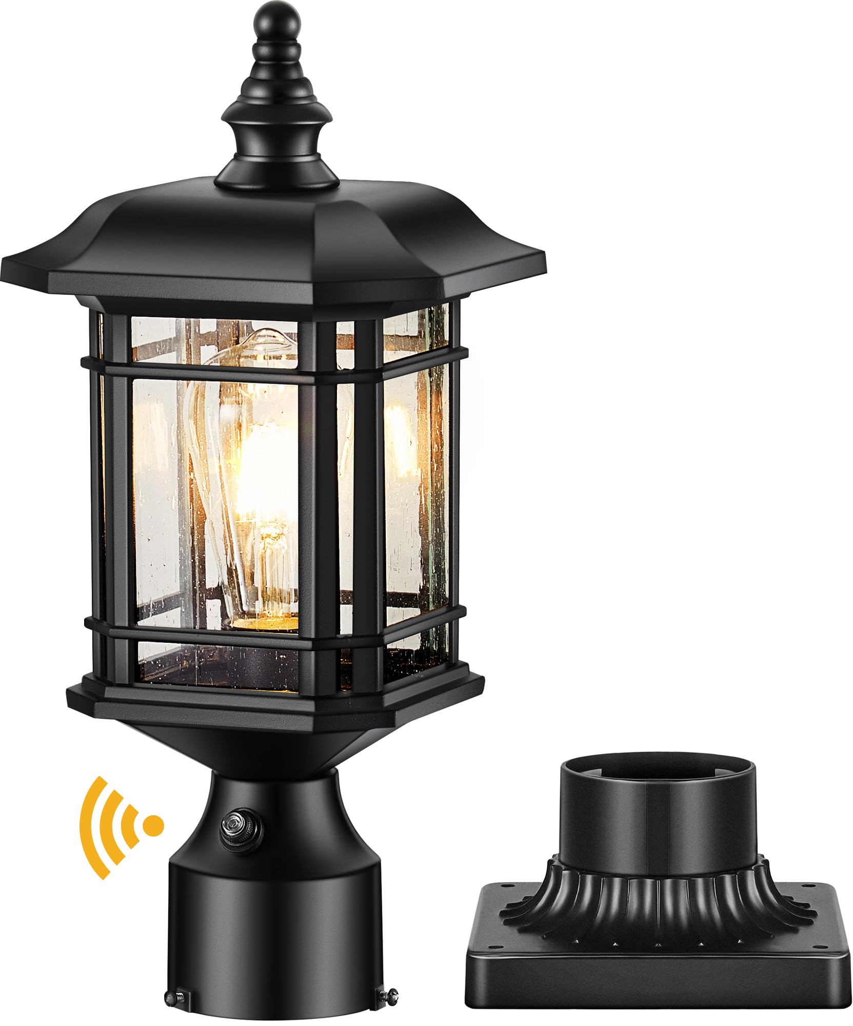 VIANIS Black Outdoor Post Lights - Dusk to Dawn LED Lantern with Pier Mount Base, Waterproof Aluminum Fixture & Tempered Seeded Glass - Perfect for Patio, Garden, Driveway, Walkway, and Front Yard Lighting
