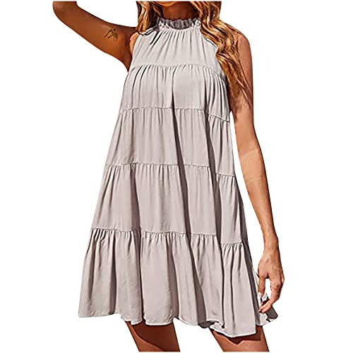 JEGULV Women's Cute Babydoll Tiered Mini Dress - Summer Casual Sleeveless Halter Dress, Flowy Loose Swing Pleated Boho Style for Beach, Party & Vacation