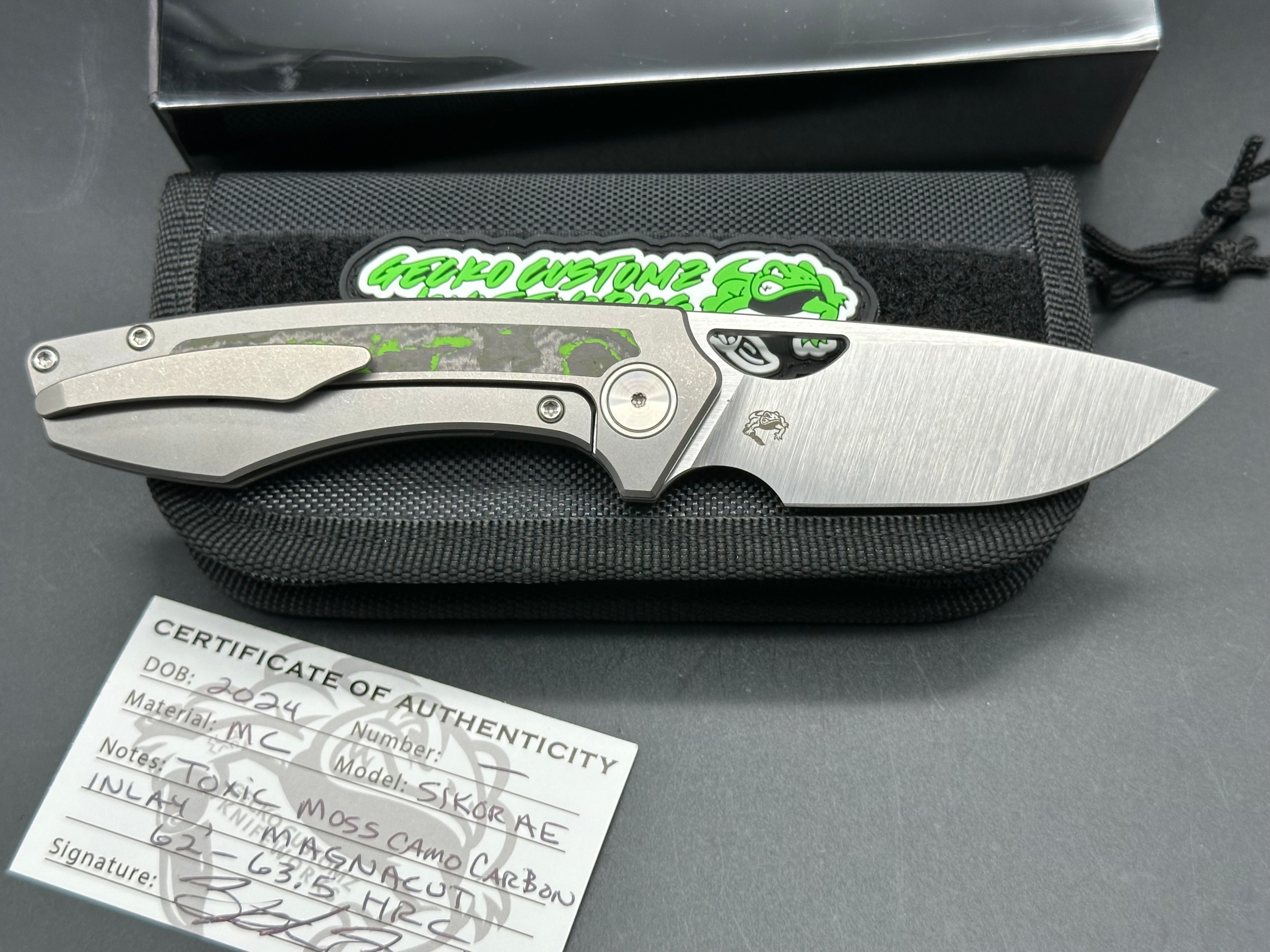 Premium Gecko Customz Sikorae MagnaCut Folding Knife - Satin Finish Blade with Titanium Handle & Toxic Moss Fat Carbon Inlay - EDC, Outdoor Survival, Camping, Hunting Gear