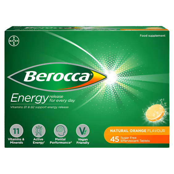 Berocca Effervescent Vitamin C & B Complex Tablets - 45 Count, Orange Flavor | Immune Support & Energy Boost | Perfect for Workout Recovery & Daily Wellness