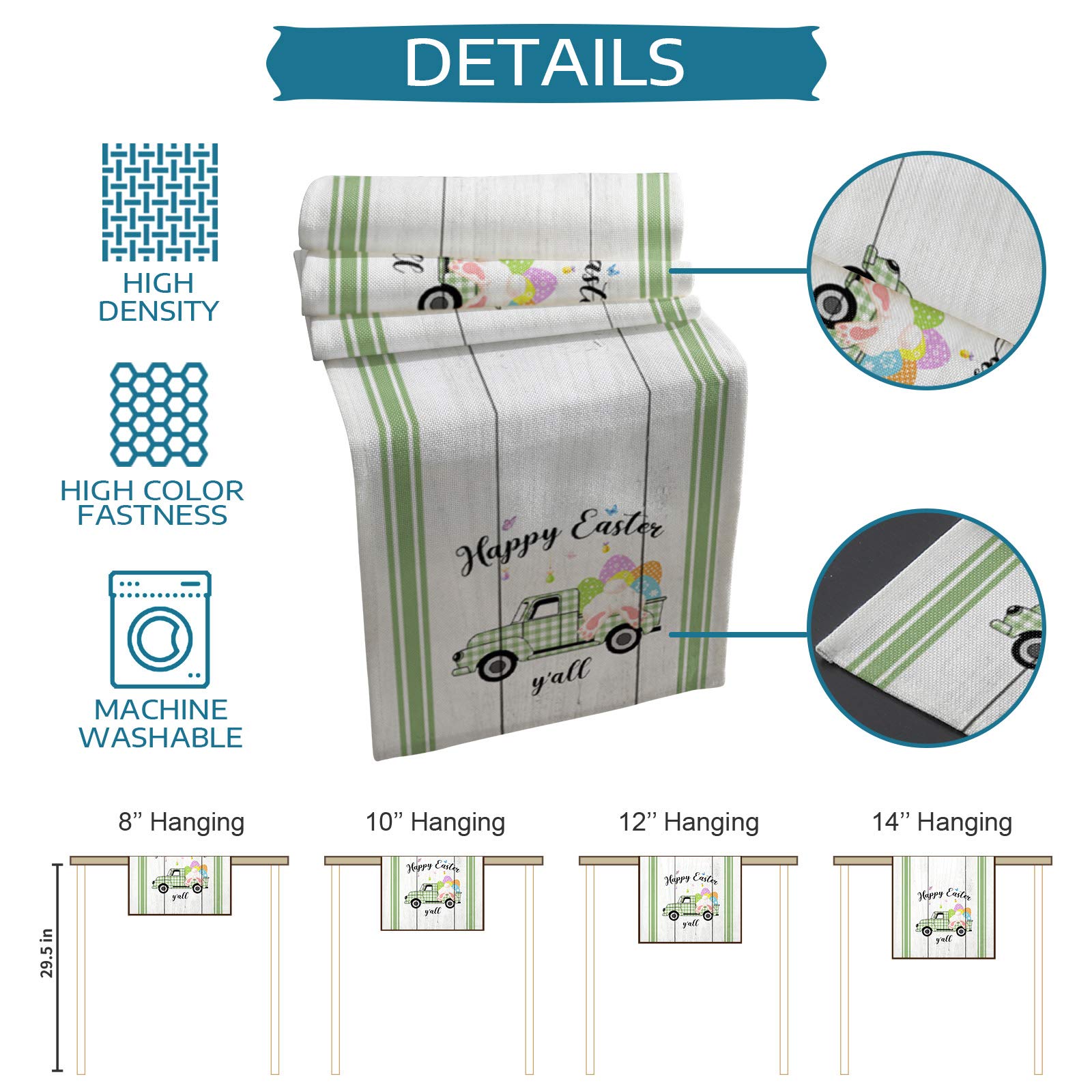 Easter Table Runner - Cotton Linen Non-Slip Tablecloth with Bunny Tail & Easter Eggs Design, 13x120 Inch - Perfect for Spring Holiday Dining Decor, Easter Party Table Setting, and Home Celebration