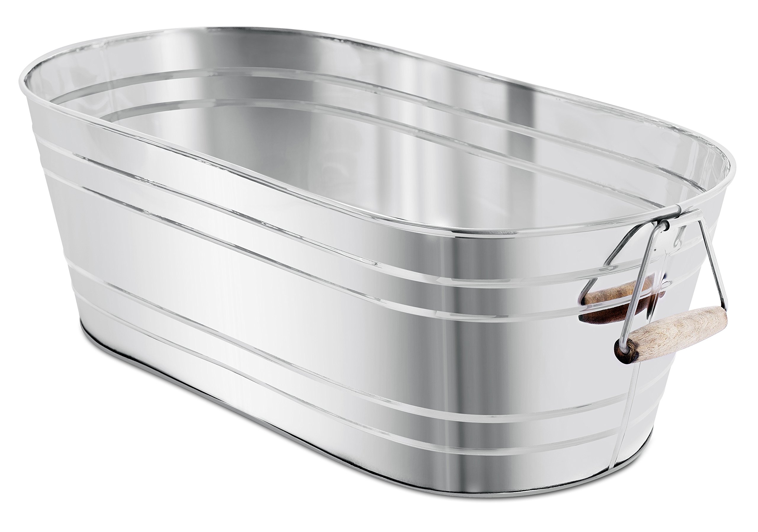 BIRDROCK Stainless Steel Beverage Tub with Stand & Wooden Handles - 5 Gallon Ice Bucket with Bottom Tray for Parties - Indoor/Outdoor Drink Cooler for Entertaining, BBQ, Poolside & Tailgating