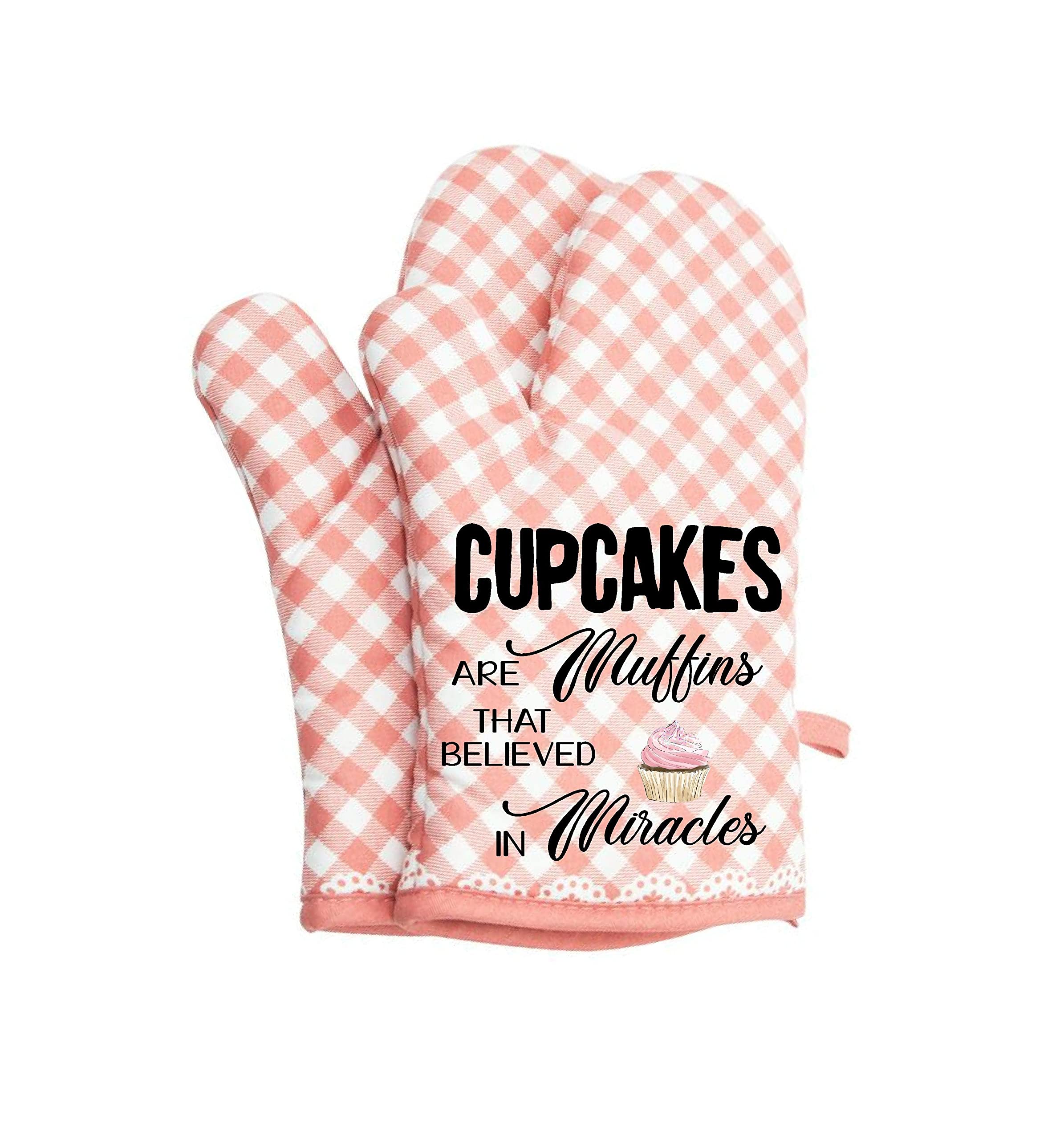 Funny Cupcake Miracle Oven Mitts - Non-Slip Cotton Kitchen Gloves for Baking, Cooking & BBQ Grilling - Cute Pink Potholders for Home & Professional Chefs