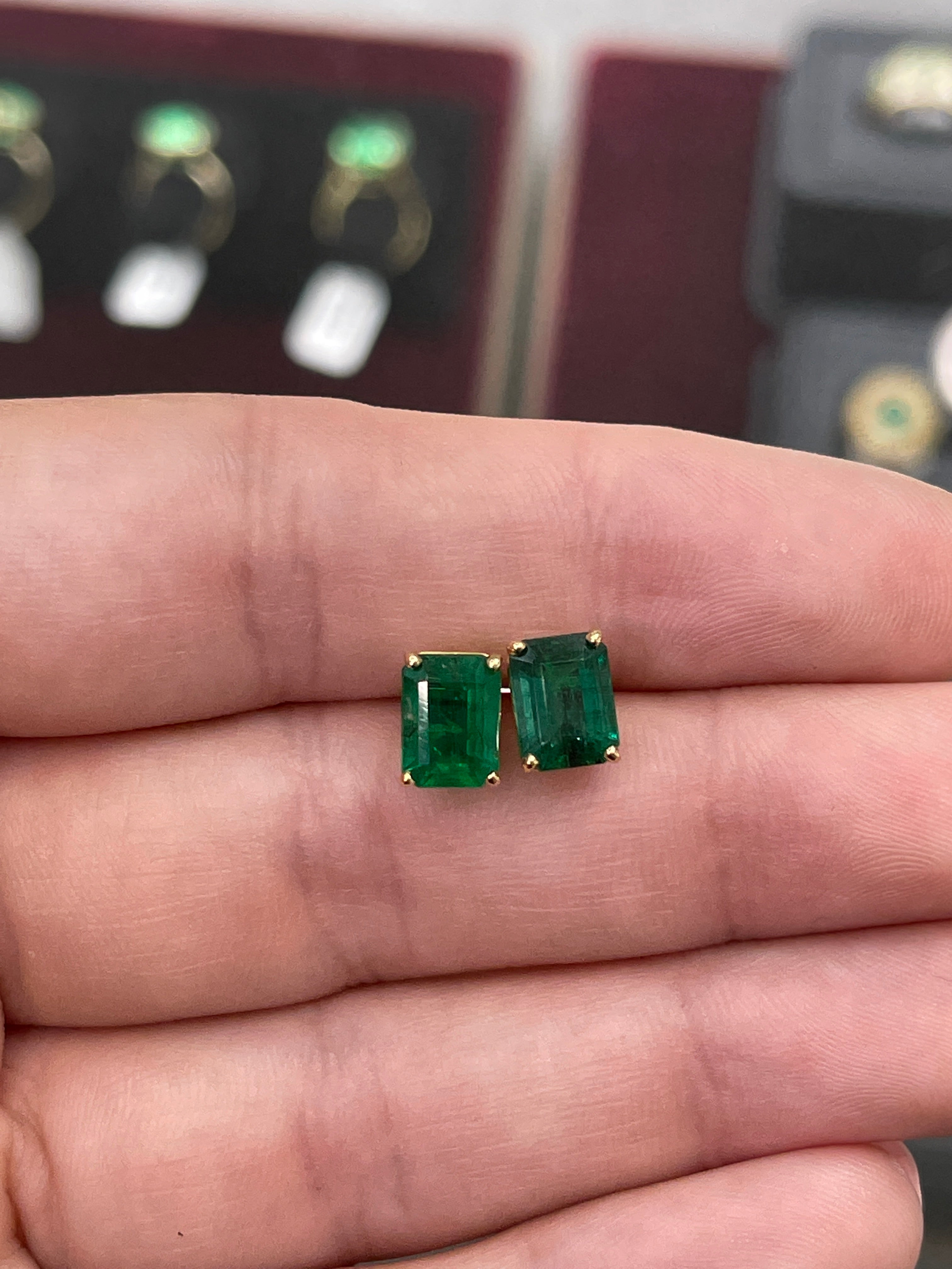 AAA 5.0TCW Vivid Dark Forest Green Emerald Cut Solitaire Stud Earrings in Solid 18K Gold - Perfect for Weddings, Parties & Special Occasions