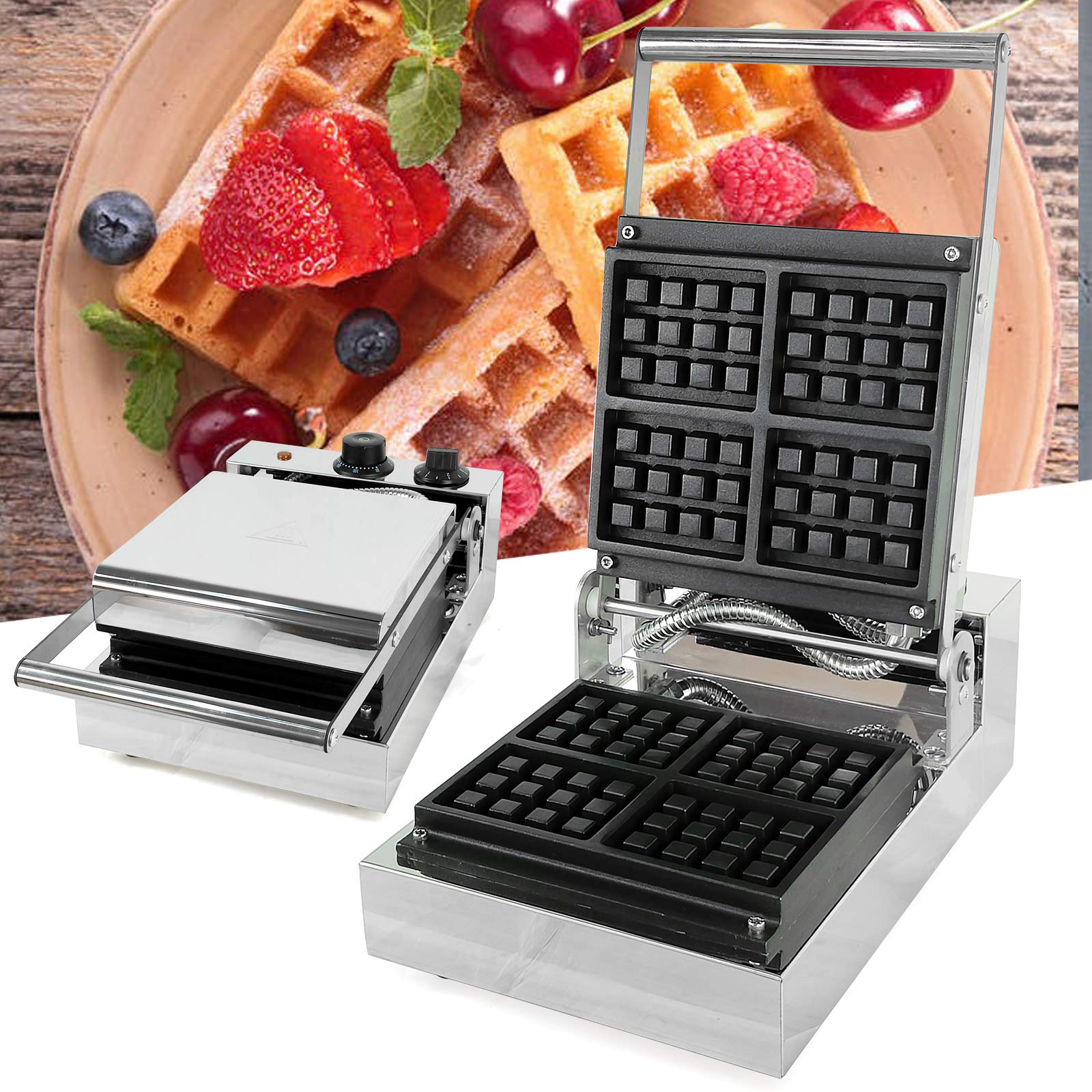 Commercial Electric Waffle Maker Machine - 1300W 110V Nonstick Cast Aluminum Mold with Teflon Coating - Makes 4 Waffles at Once - Perfect for Restaurants, Bakeries, Cafes & Breakfast Buffets