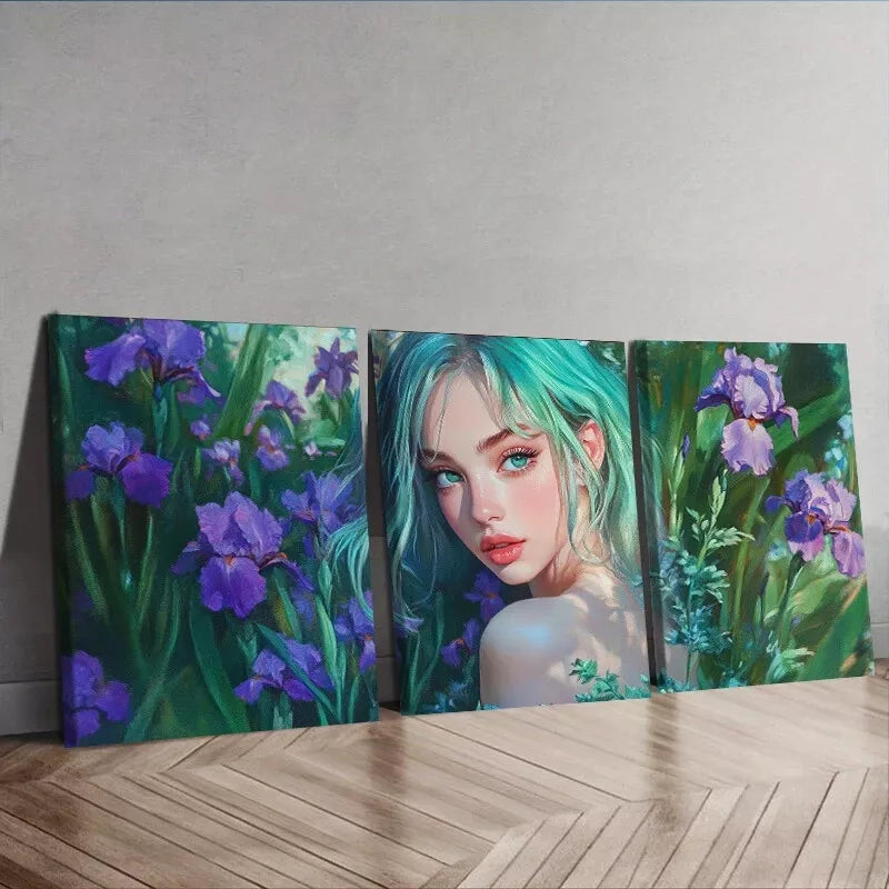 3-Piece Purple Flowers Lady with Green Eyes Wall Art Set - Framed Canvas 40x60cm | High Quality Print | 100% Australian Made | Ready to Hang | Perfect for Living Room, Bedroom & Office Decor