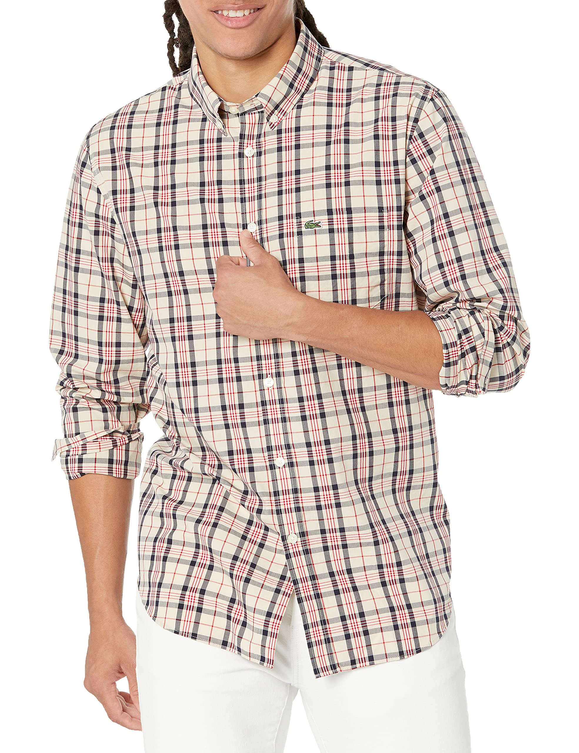 Lacoste Men's Long Sleeve Plaid Shirt - Classic Regular Fit Poplin Button Down with Chest Pocket | Casual Office Wear & Smart Outfits for Men