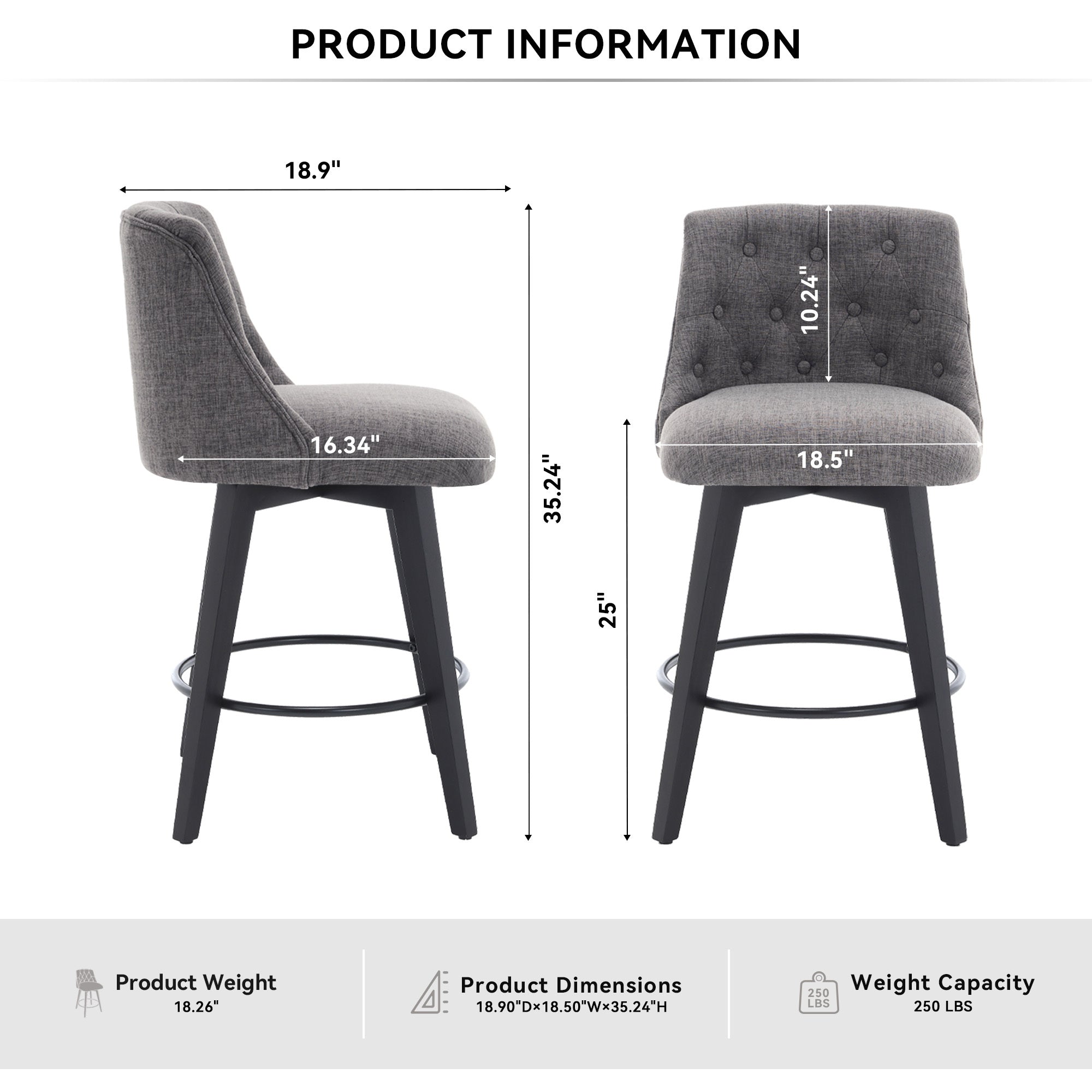 Modern 25' Swivel Bar Stools Set of 2 - Counter Height Stools with Linen Upholstery & Button Tufted Back, Solid Wood Frame for Kitchen Island, Home Bar or Breakfast Nook - Perfect for Entertaining Guests or Casual Dining