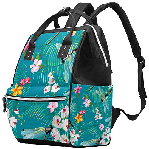 MAPOLO Large Capacity Diaper Backpack - Tropical Floral Pattern with Dragonflies, Multi-Function Baby Bag for Travel & Daily Use | Waterproof Nappy Organizer, Perfect for Moms & Dads (Ideal for Daycare, Outings & Family Trips)