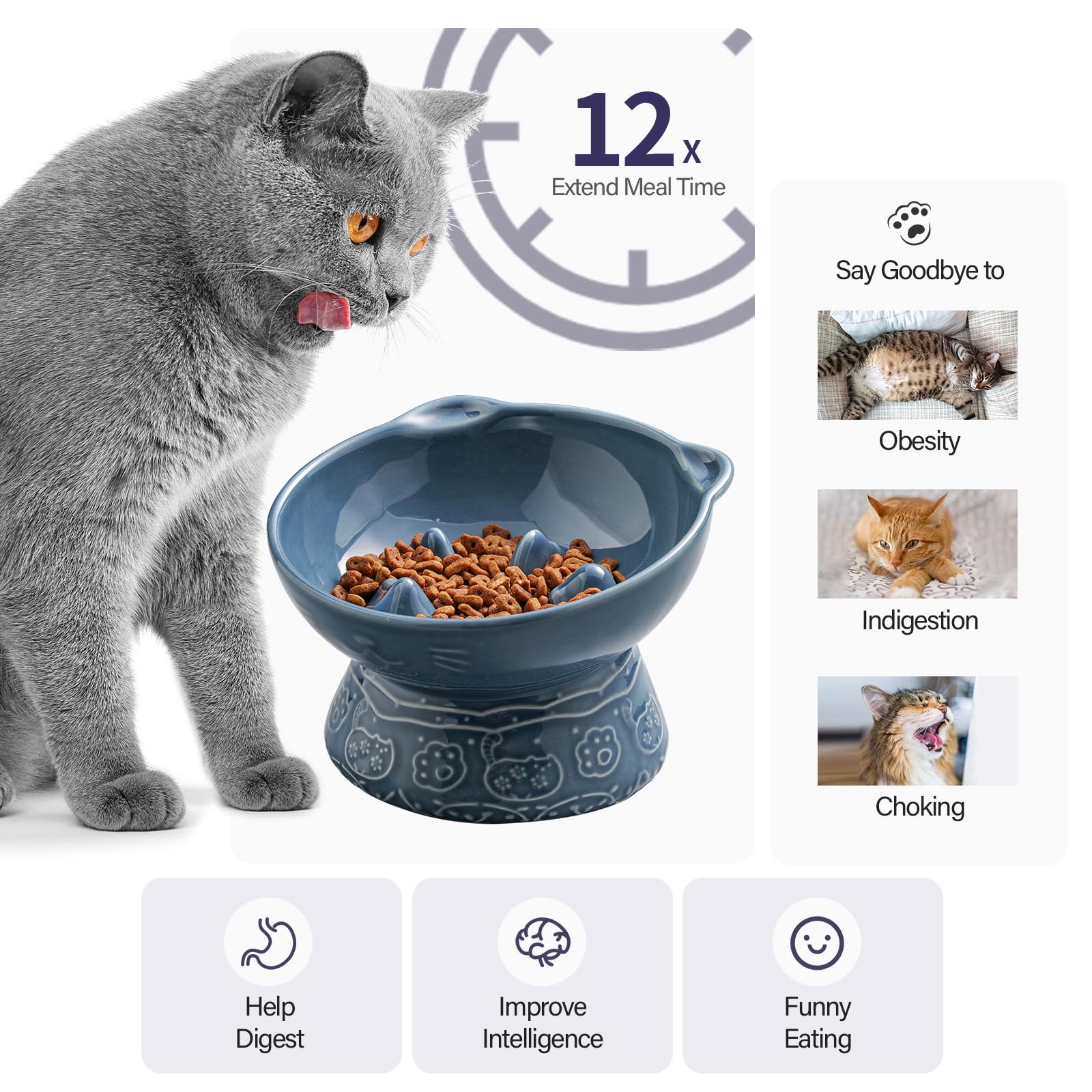 Ceramic Cat Slow Feeder Bowl - Elevated Tilted Design for Healthy Eating, Prevents Black Chin in Cats & Dogs - Perfect for Dry and Wet Food (Blue) - Ideal for Fast Eaters & Digestive Health at Home