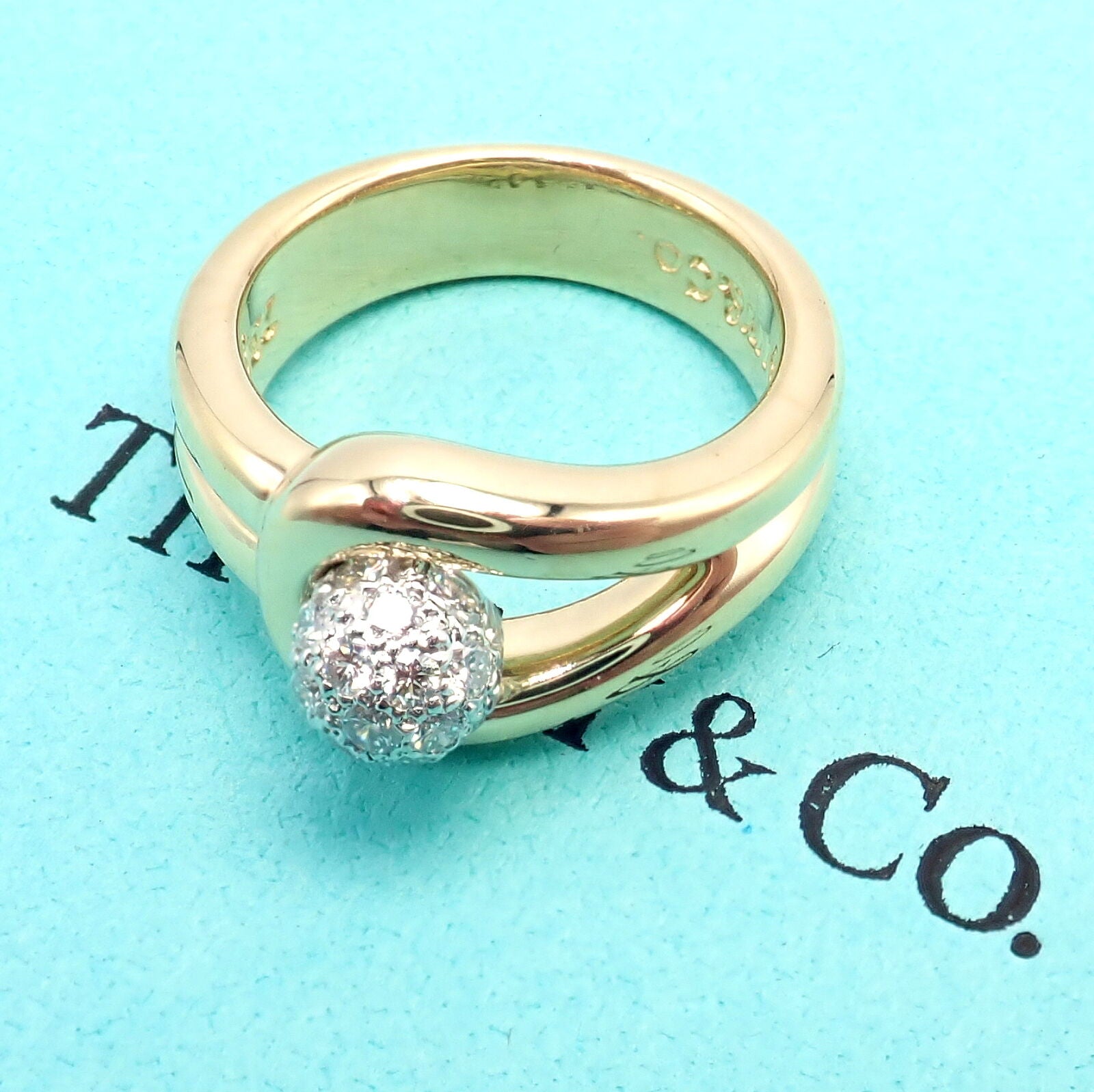 Authentic Tiffany & Co 18k Yellow Gold & Platinum Diamond Ball Ring Size 4.25 - Elegant Jewelry for Weddings, Anniversaries & Special Occasions