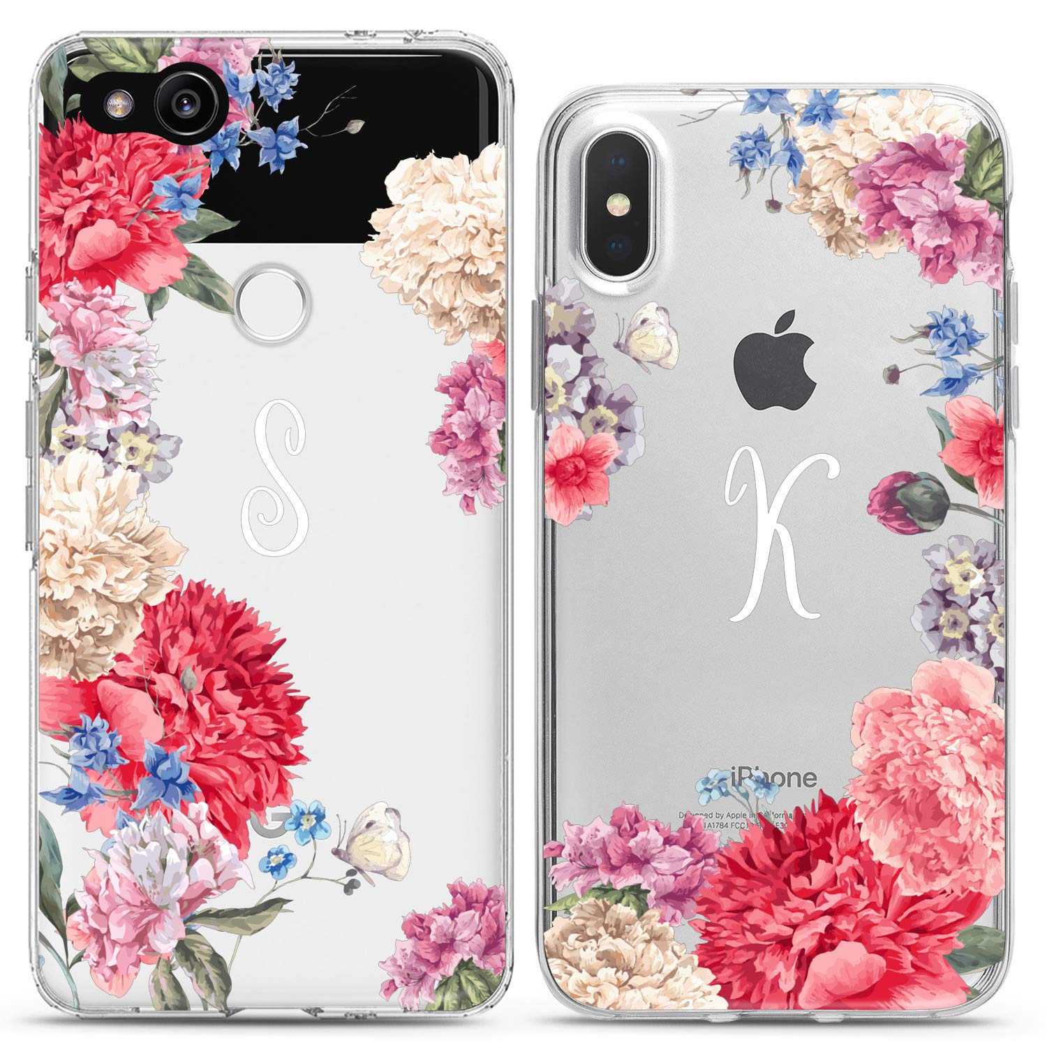 Matching Couple Phone Cases for iPhone 16/15/14/13/12/11 Pro Max/Mini/XS/X/8 Plus/7+/XR/10/SE/5 - Floral Spring Flowers Design Pink Silicone Cover - Personalized Gift for Couples, Besties & Women - Perfect for Valentine's Day, Anniversaries & Everyday Use