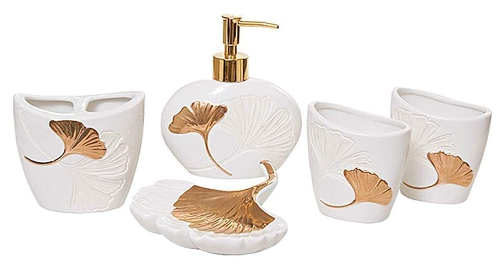 White Ceramic Soap Dispenser Set with Golden Ginkgo Leaf Design - 5-Piece Bathroom Accessories Kit (Toothbrush Holder, Cup, Soap Box) for Hotel, Home & Spa Decor