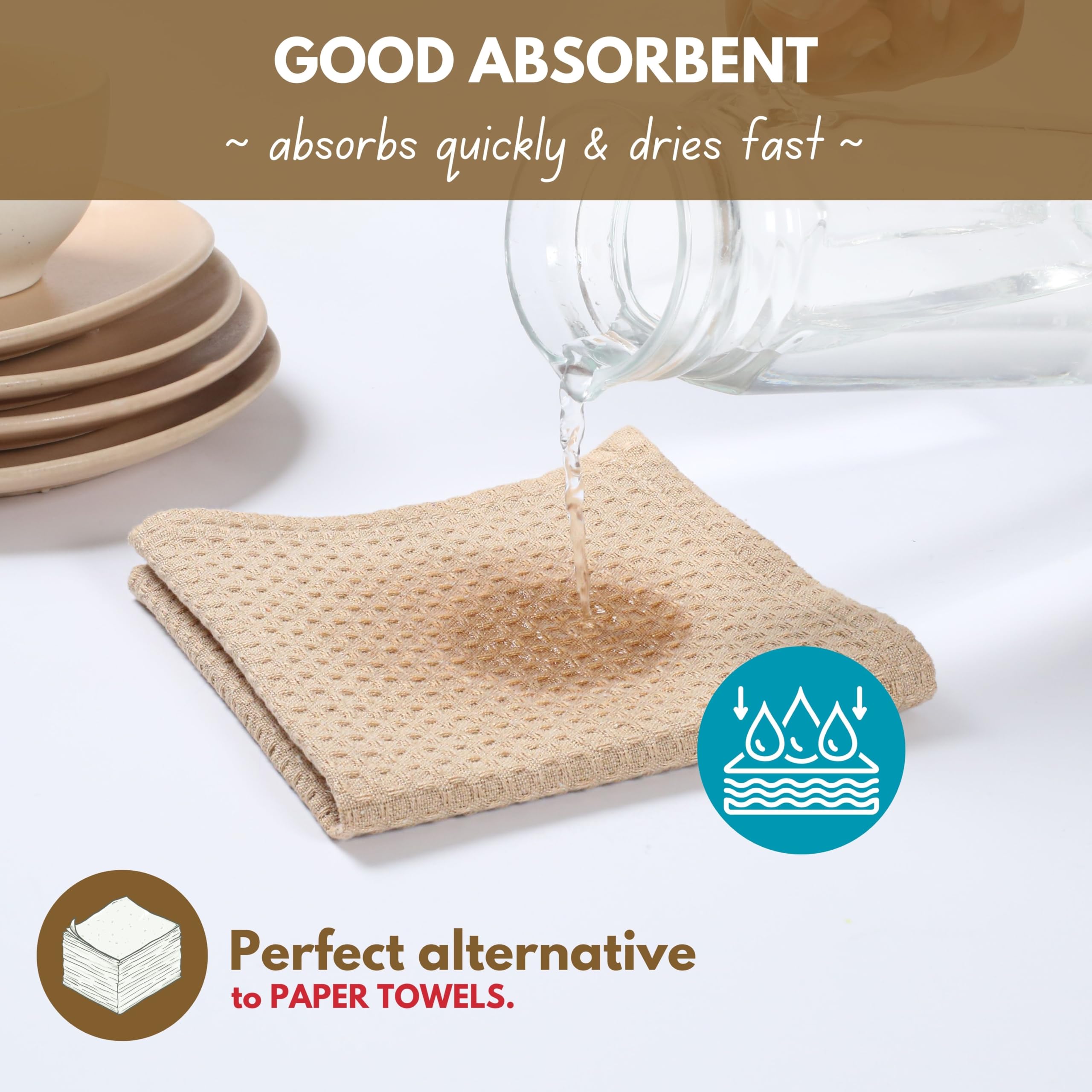 Premium 16x26 Inch Waffle Weave Kitchen Towels - 12-Pack Super Absorbent Cotton Dish Cloths with Hanging Loop | Soft Bar Towels & Washcloths for Cleaning, Drying Dishes & Countertops | Beige Home Essentials
