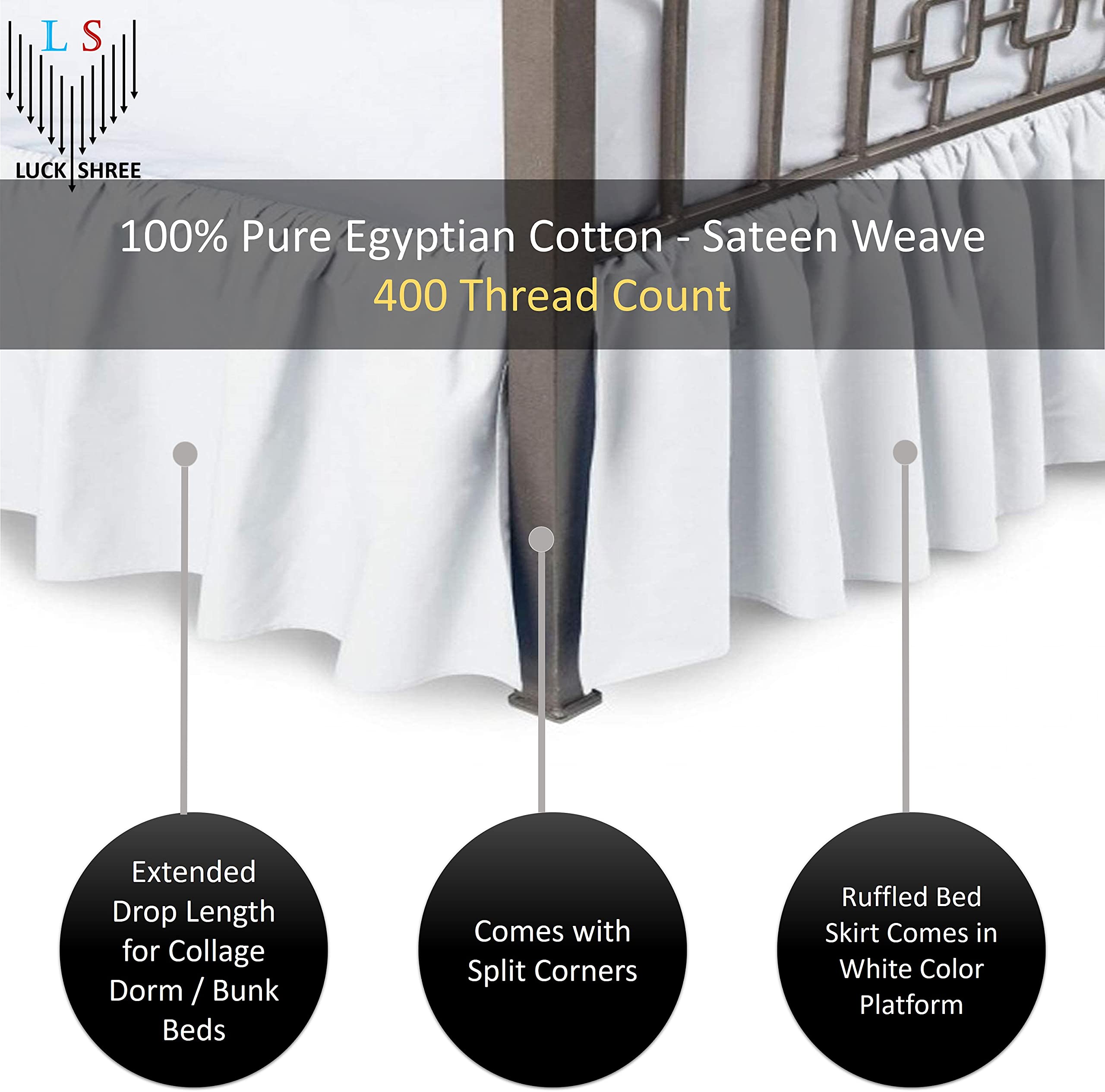 Premium 100% Egyptian Cotton 400-Thread-Count Twin XL Dorm Bed Skirt - 30