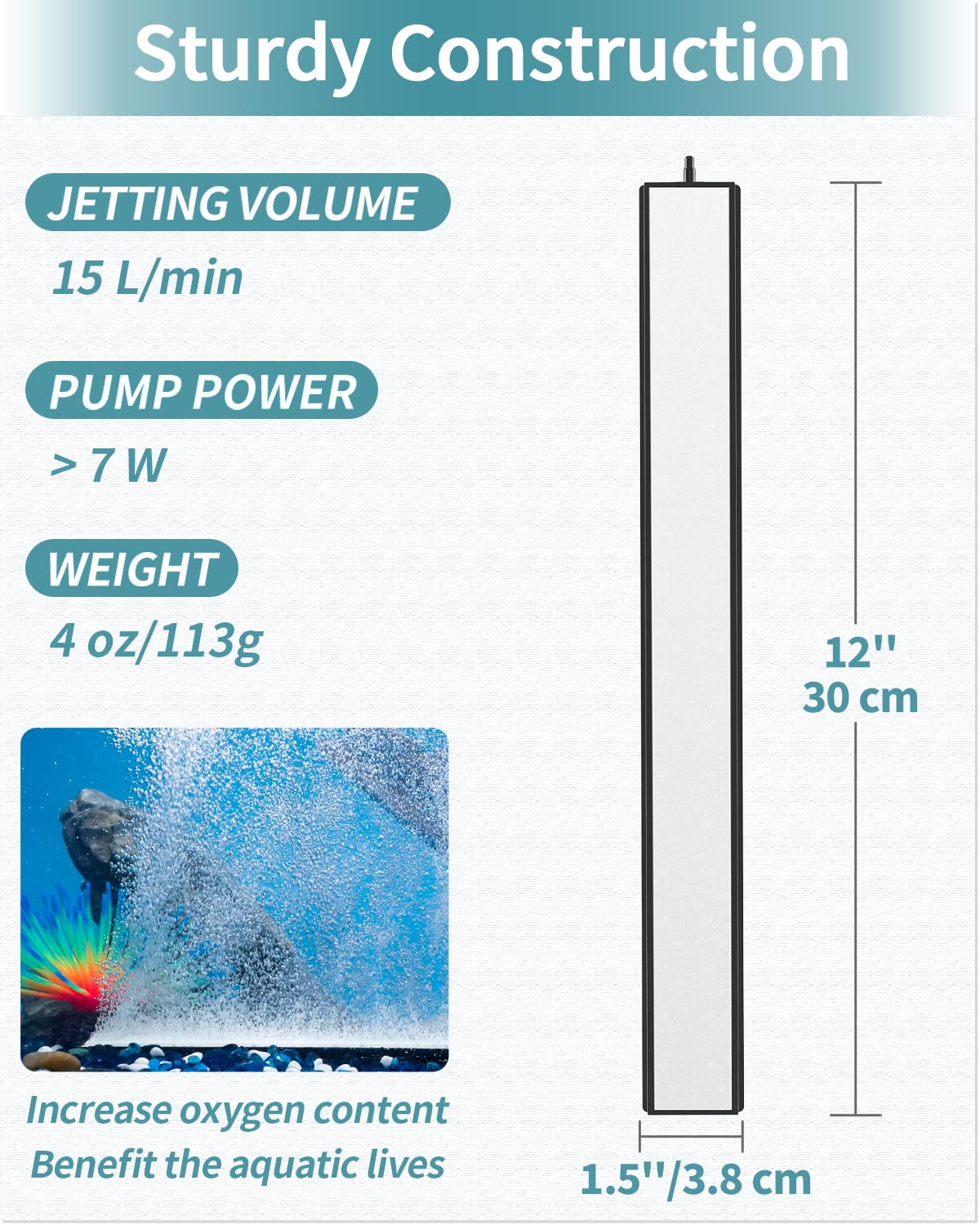 12 Inch Aquarium Air Stone Bar - Bubble Diffuser with Suction Cups for Fish Tanks, Hydroponic DWC Systems & Small Ponds | Oxygenates Water for Healthier Fish & Plants | Perfect for Home Aquariums, Hydroponic Gardens & Outdoor Water Features