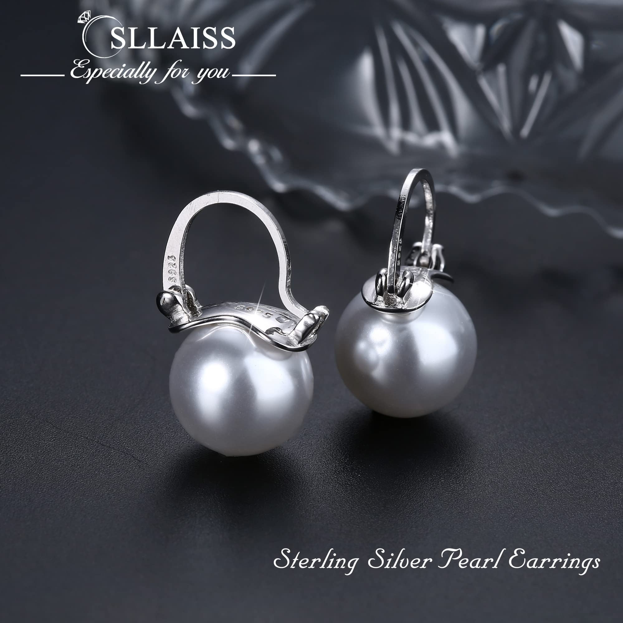Sllaiss 925 Sterling Silver Pearl Hoop Earrings for Women - Dangle Pearl Drop Earrings with AAA Cubic Zirconia - Elegant Huggie Hoop Jewelry for Anniversary, Christmas & Special Occasions (12mm Large Size) - Perfect for Weddings, Parties & Everyday Wear