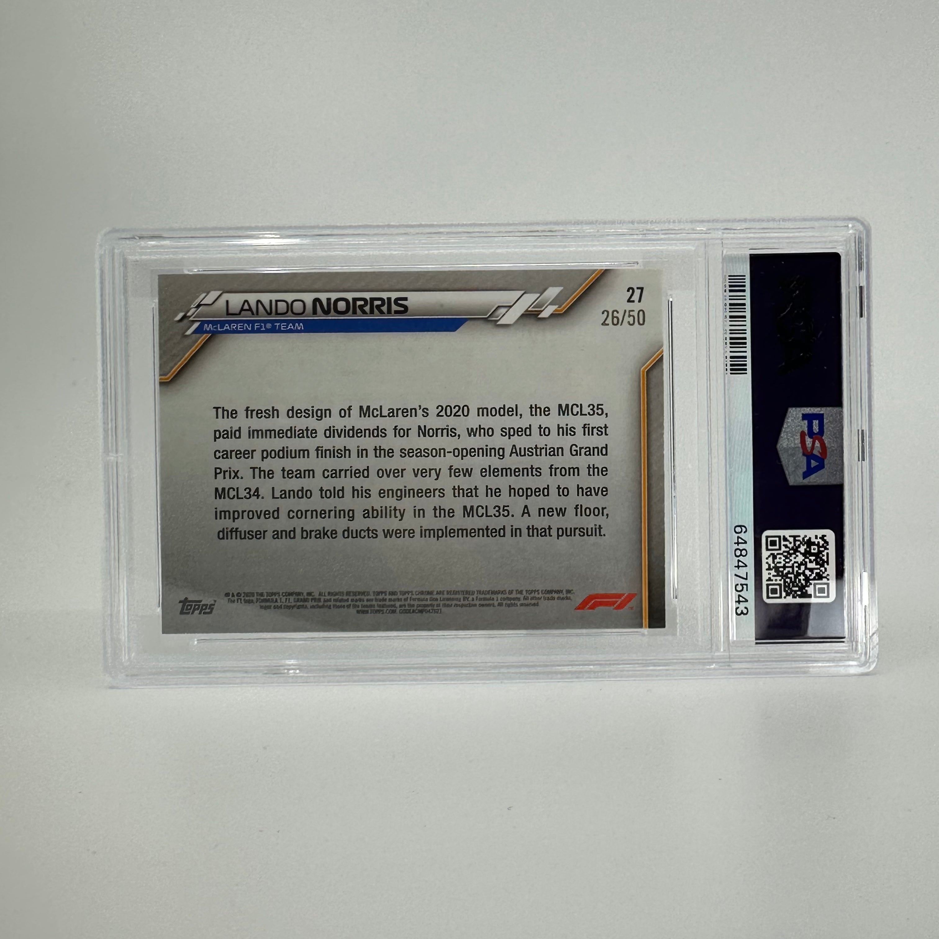 2020 Topps Chrome F1 Lando Norris #27 PSA 10 Sapphire Gold Rookie Card 26/50 - Collectible Racing Memorabilia for F1 Fans & Card Enthusiasts